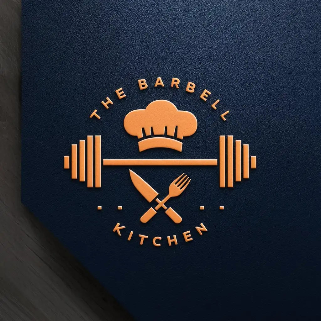 a logo design, with the text 'The Barbell Kitchen', main symbol: barbell, cooking hat, circular, navy blue background, fork and knife crossed under barbell, orange logo , Moderate, to be used in the Sports Fitness industry, clear background 