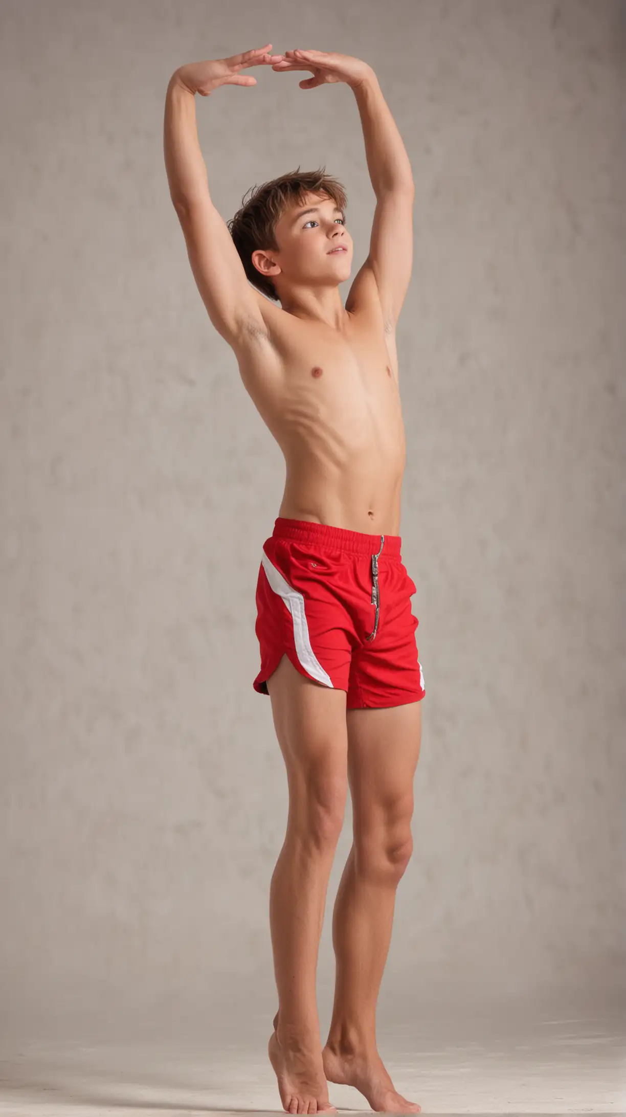 cute teen boy gymnast, doing star jumps, legs splayed wide apart, , arms above his head, red short shorts, barefoot