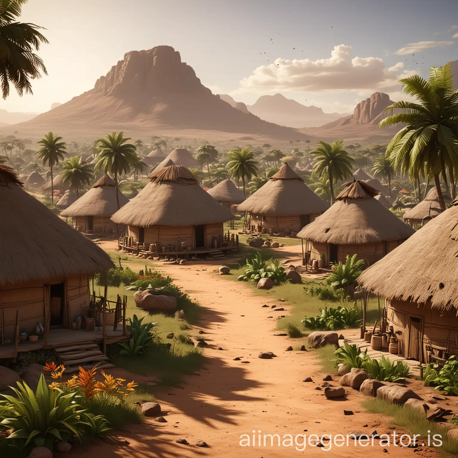 Tranquil-Scene-of-Traditional-African-Village-Amid-Lush-Nature