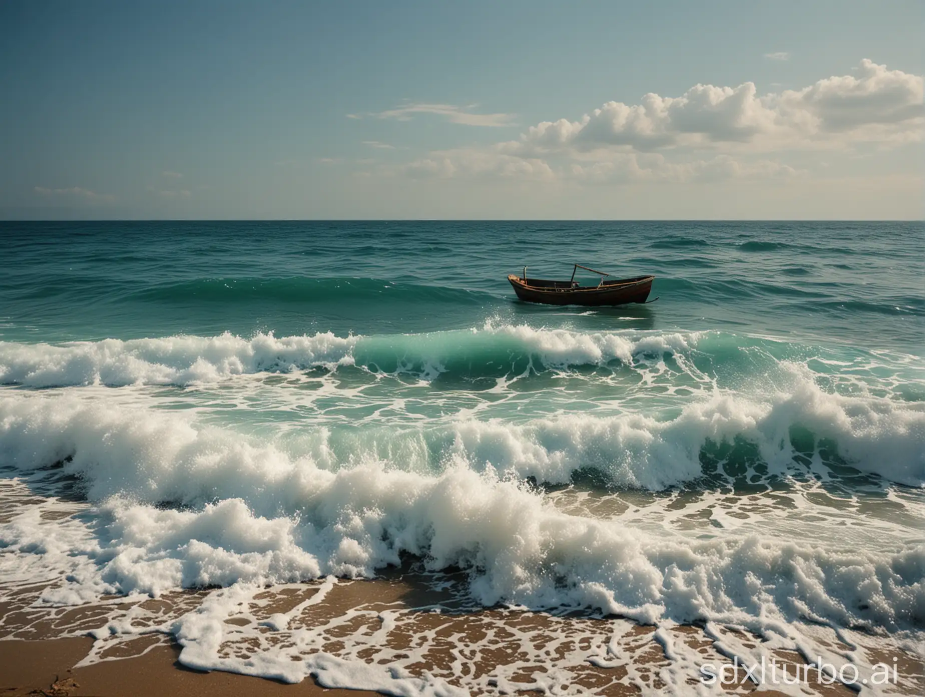 蔚蓝色的大海，浪花席卷而来，小船向远方飘去