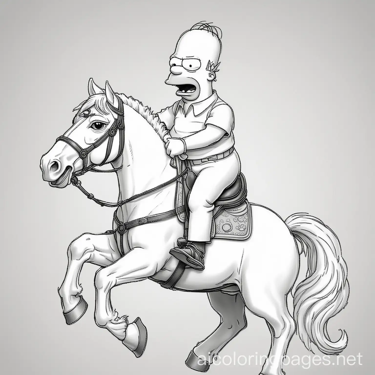 Homer Simpson riding a horse, Coloring Page, black and white, line art, white background, Simplicity, Ample White Space. The background of the coloring page is plain white to make it easy for young children to color within the lines. The outlines of all the subjects are easy to distinguish, making it simple for kids to color without too much difficulty