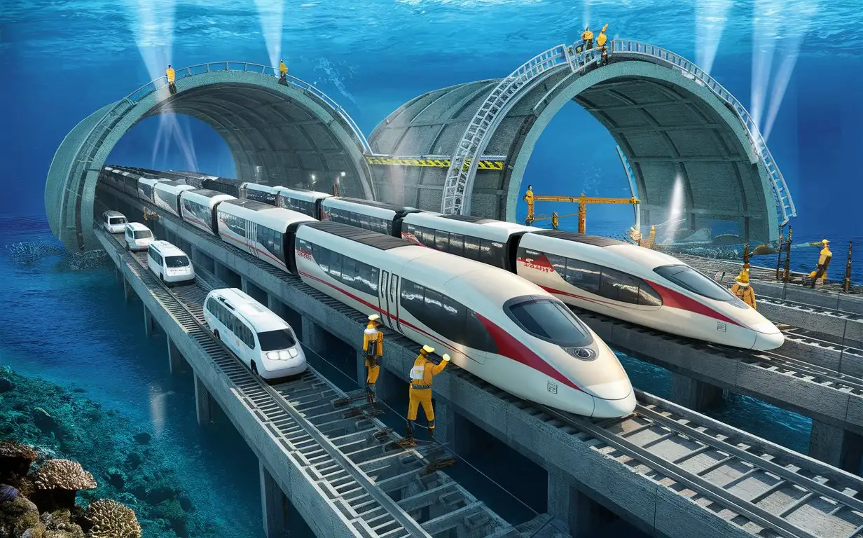 A very realistic very huge undersea tunnel inside the ocean , with passenger trains and passenger cars inside very unique and modern with construction workers finishing