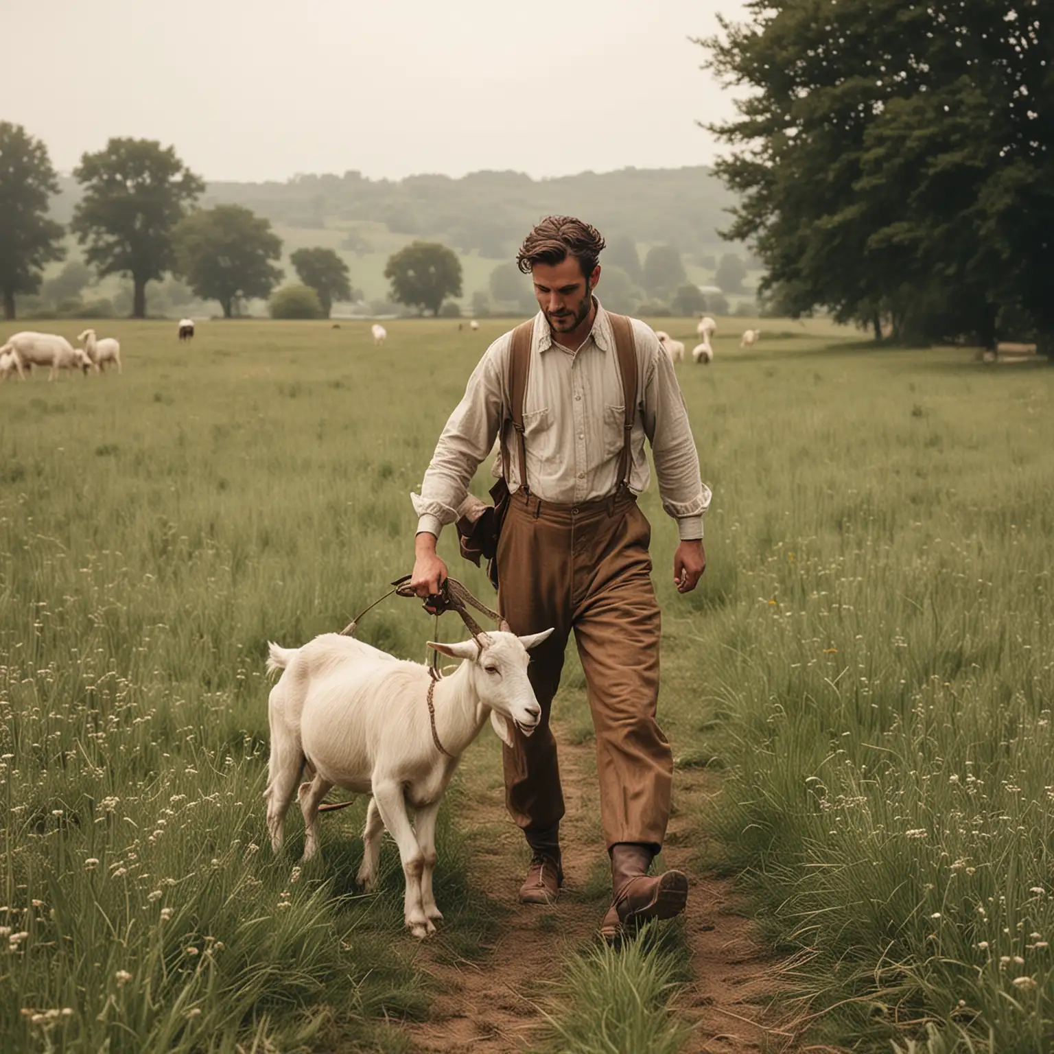 Vintage Man Walking Through Field with Goat