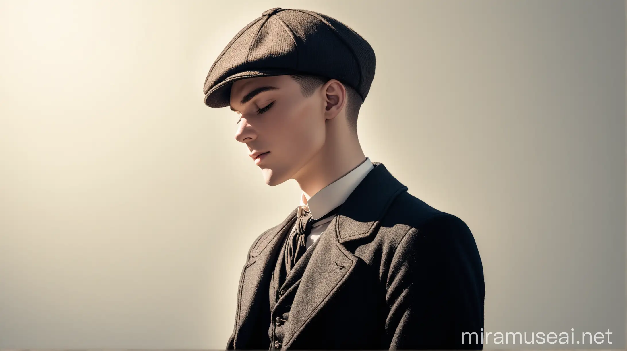 Stylish Young Man in Peaky Blinders Attire Standing with Eyes Closed on White Background