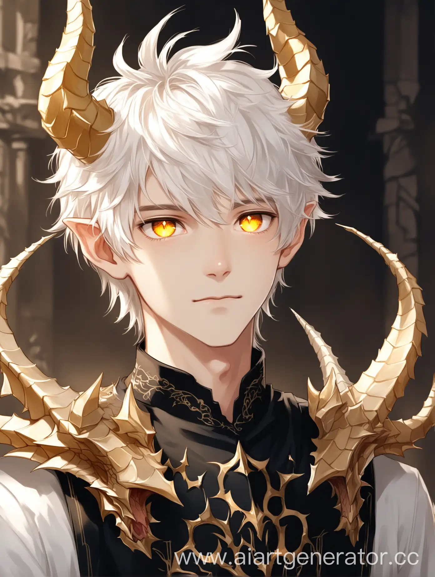 twink. A handsome young man with a fragile build. Golden eyes and white hair. Medium length hair. Cute face. Kind face. Charming guy. There are two dragon horns on the head. Half-dragon