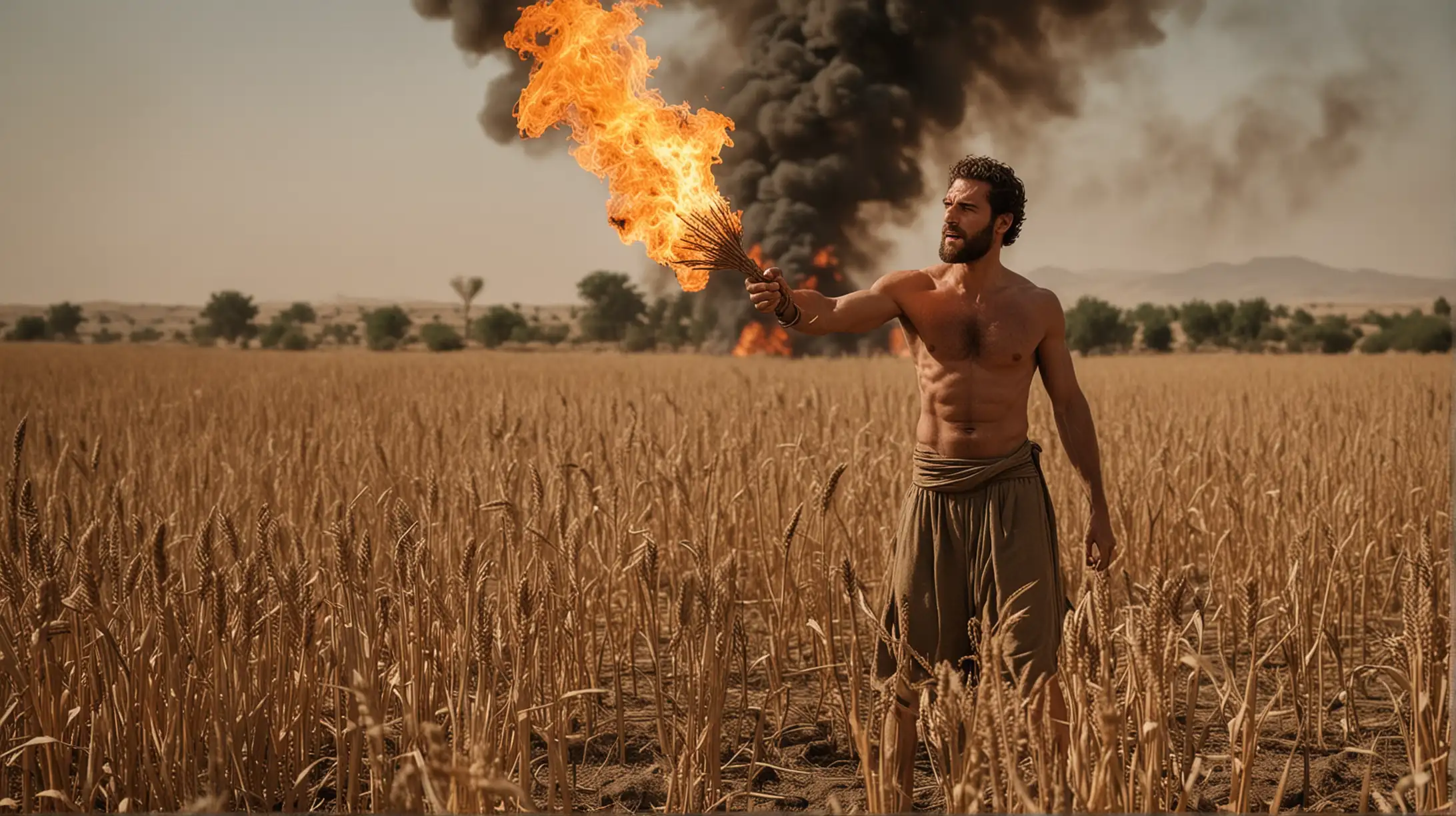 A fit man in a field, setting fire to the crops. Set during the Biblical era of Moses in the Middle East