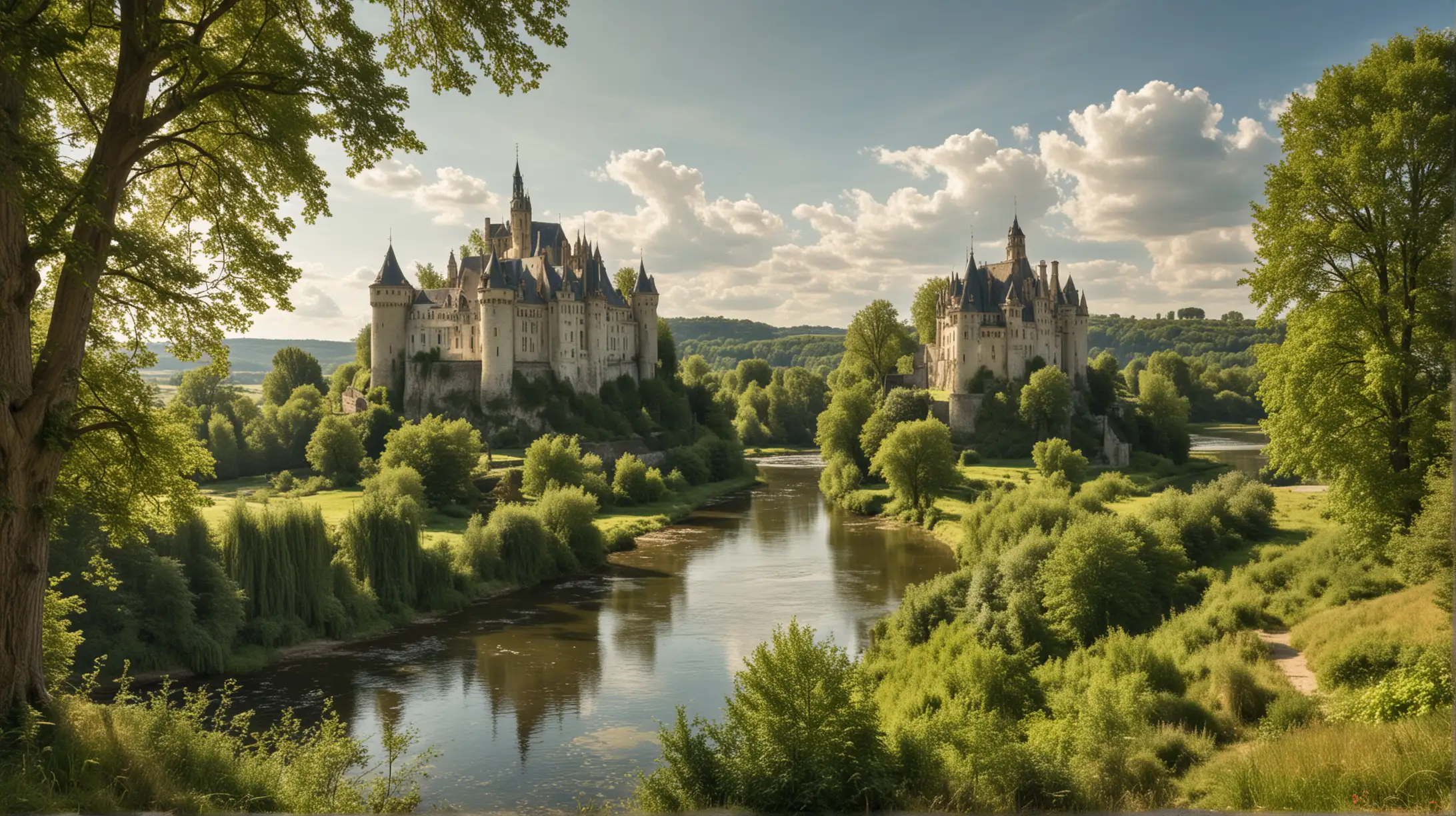 French landscape, a castle, a river, a forest, sunny