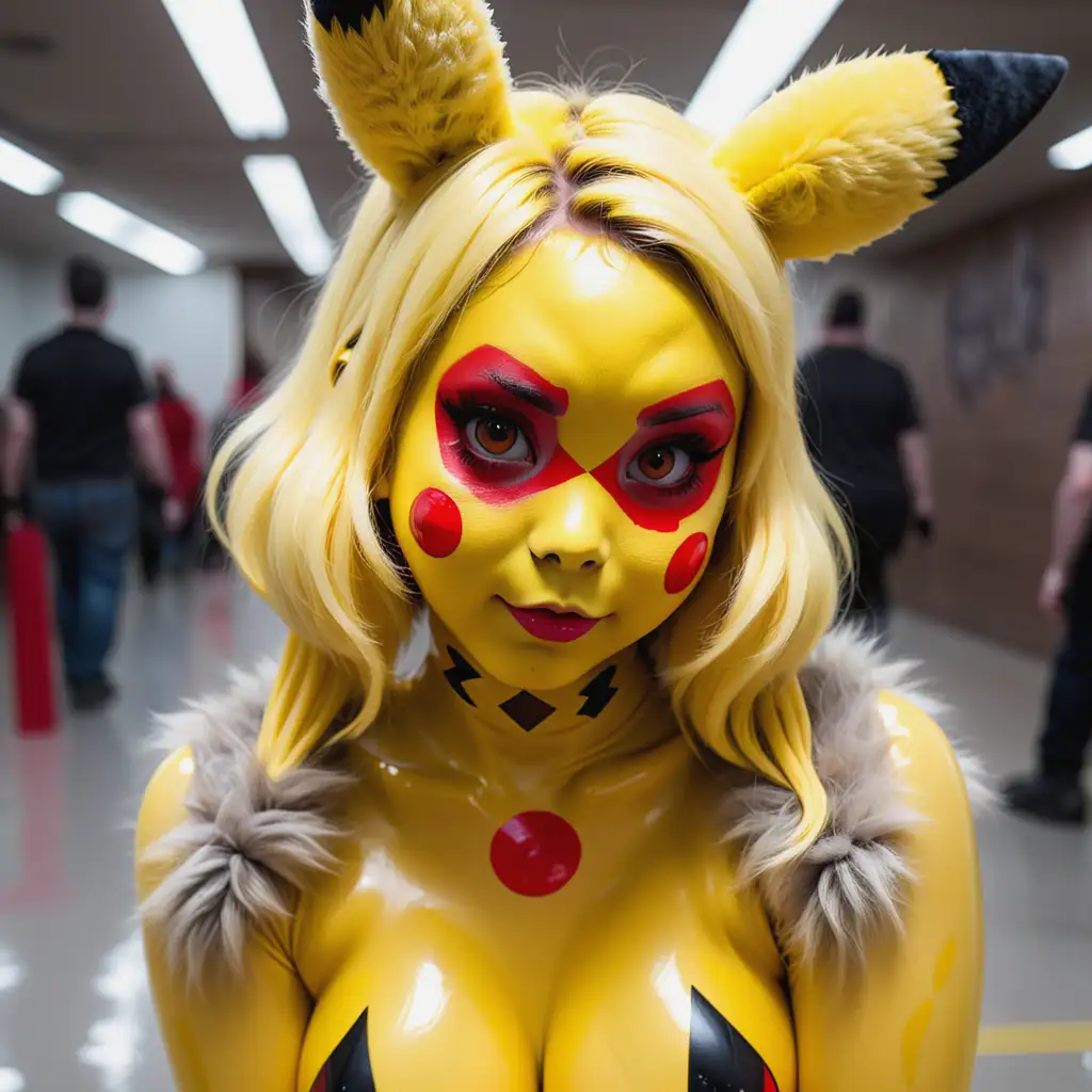 Latex-Furry-Pikachu-Girl-with-Yellow-Latex-Skin-Cosplay-Costume