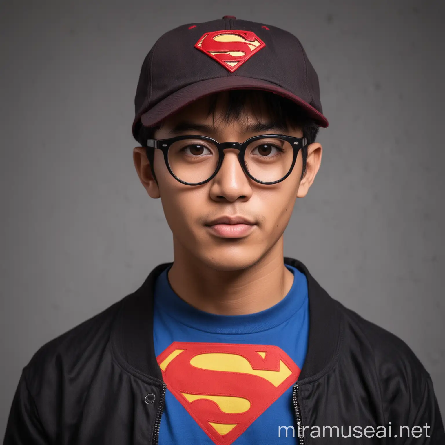 25 years old Indonesian man wearing dark grey and red baseball cap with superman logo - short hair - round face - black frame glasses - blue t-shirt and black jacket