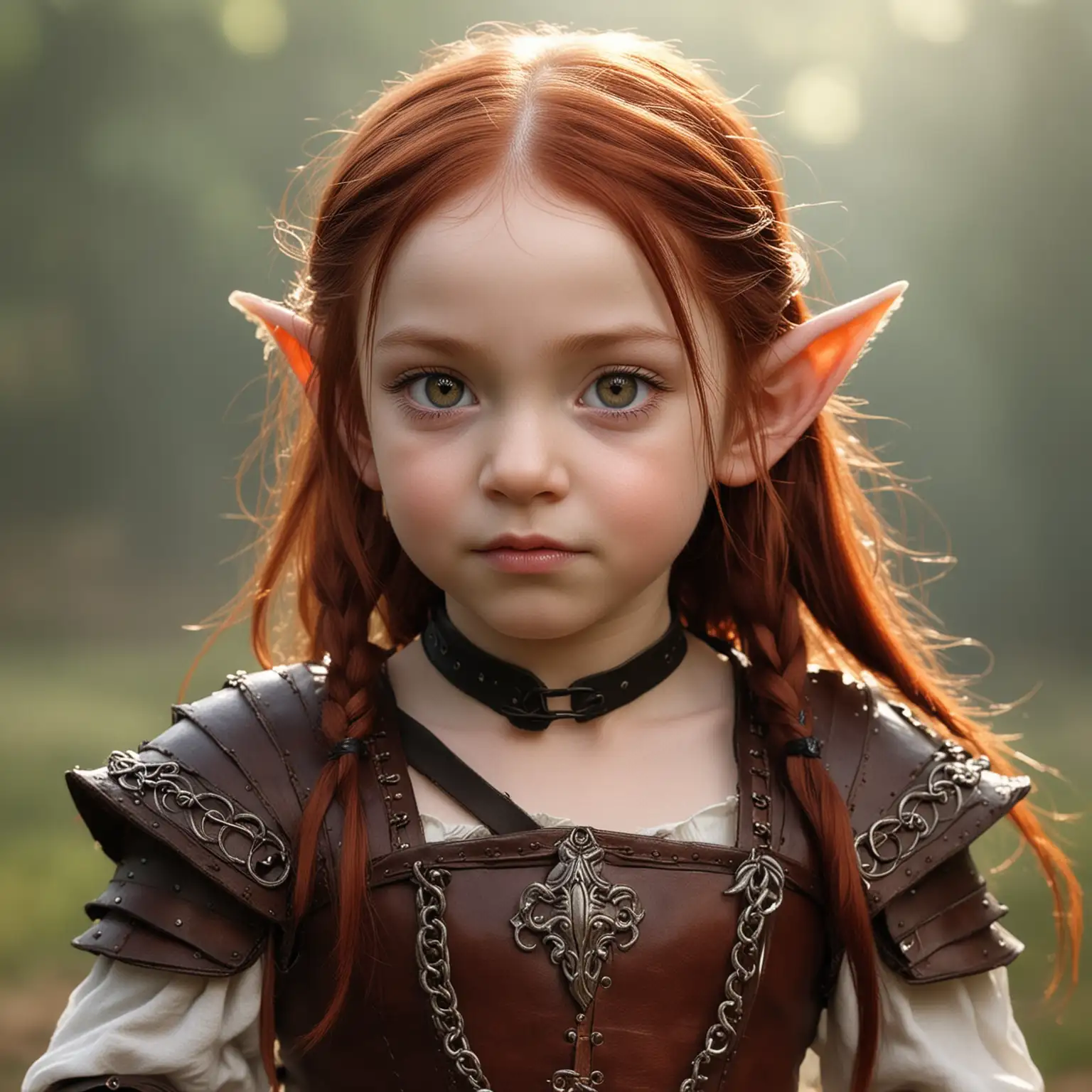 Fantasy, four year old Elven Girl, pale skin, pointy ears, dark red hair rust colored eyes, slave attire, spunky, cute, warrior