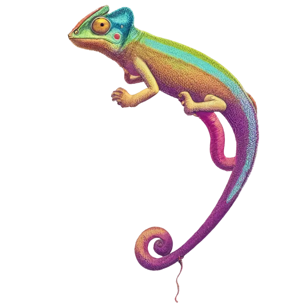 Create a whimsical PNG of a colorful chameleon blending into a vibrant jungle background.