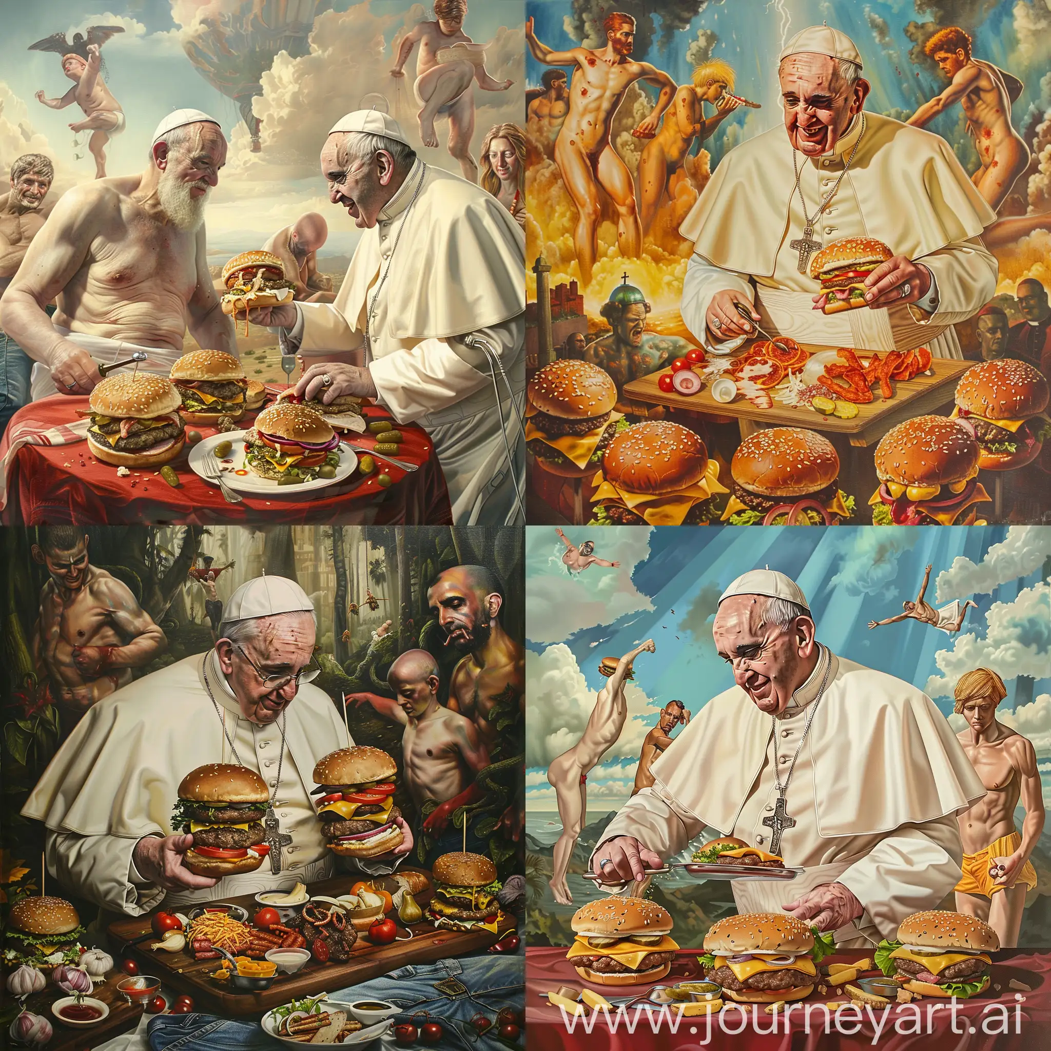 Roman-Pope-Making-Burgers-with-Deities-in-Jeans-in-Paradise