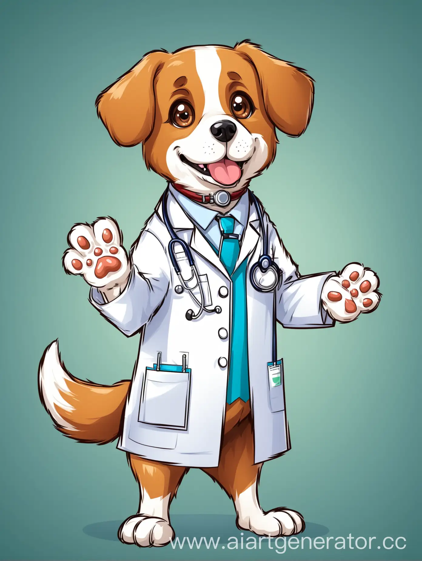 Мультяшная собака стоит на 2 лапах в костюме врача