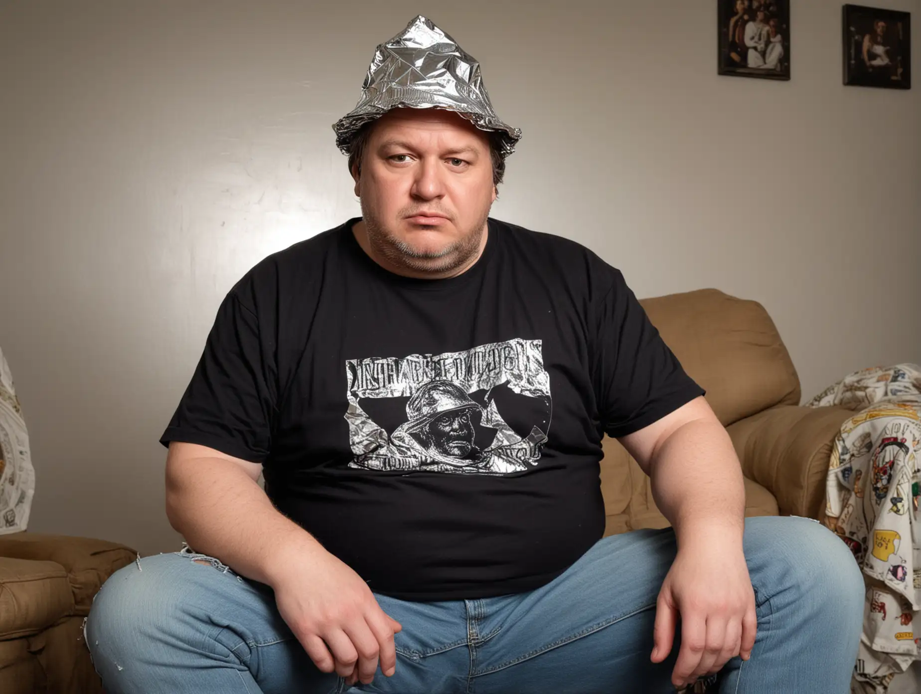 A chubby 50 year old male conspiracy theorist wearing a black t-shirt, jeans and a tin foil hat. He is sitting in his messy home by the computer.