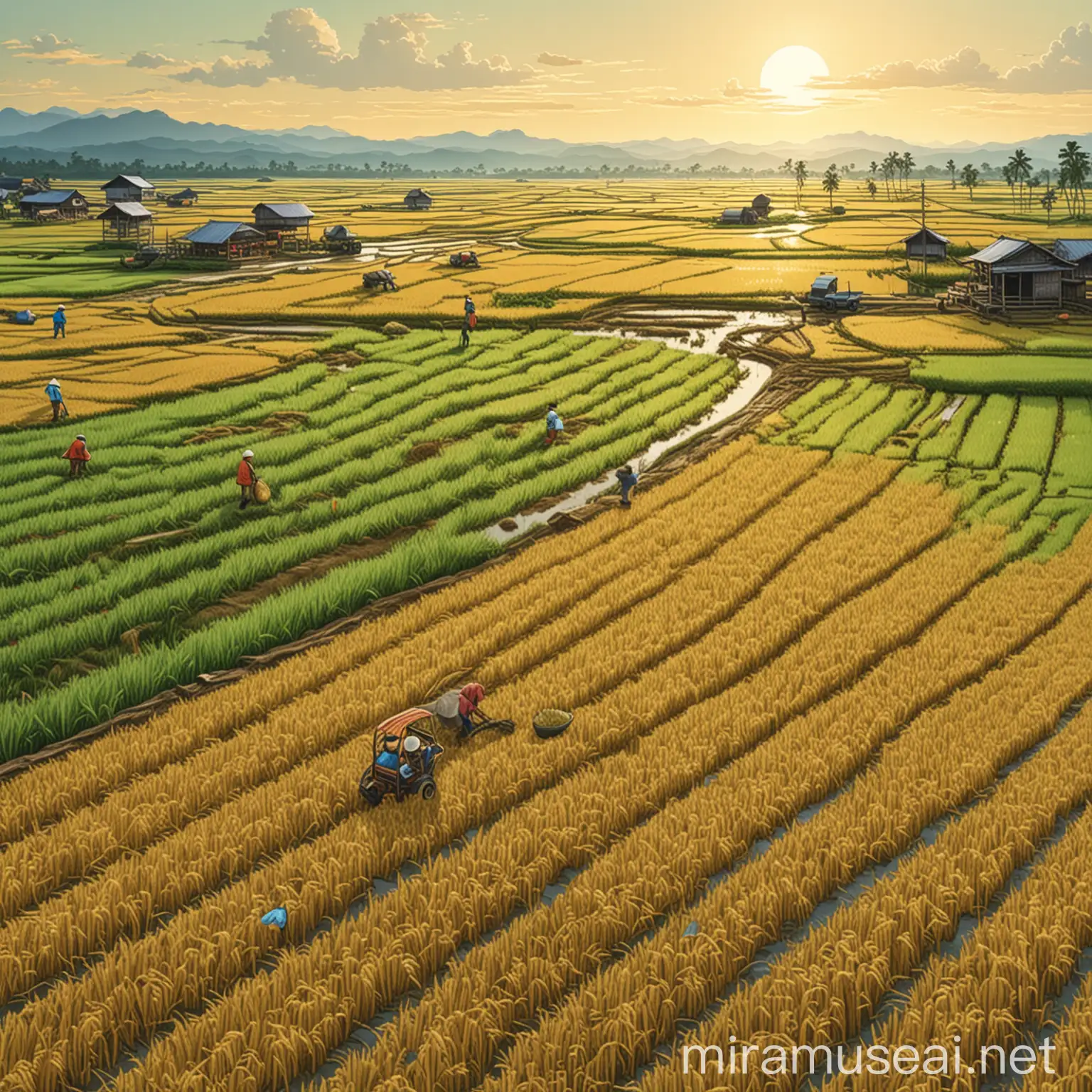 Harvesting Rice Fields Near and Far Views