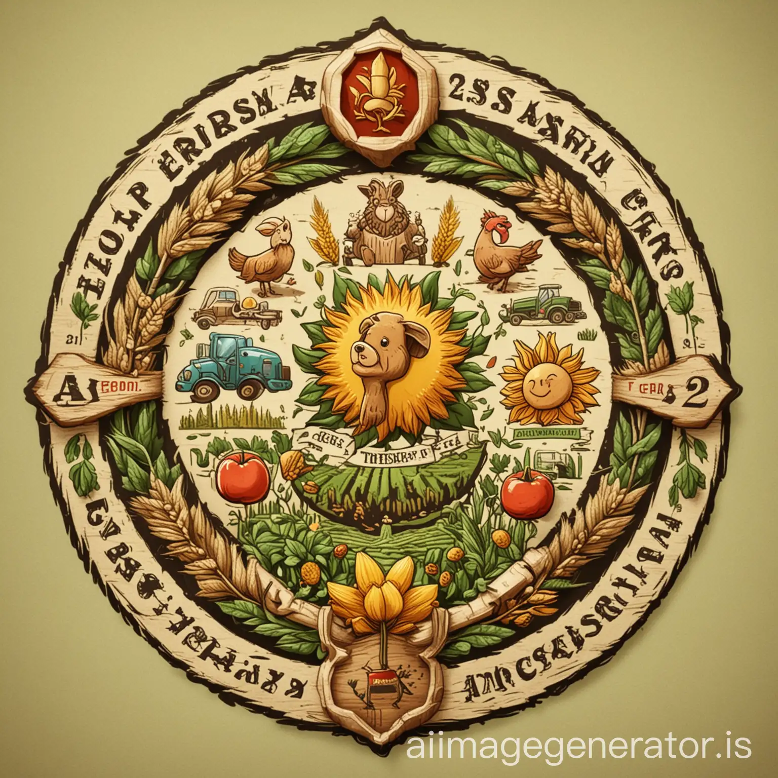 Help me design a class emblem, with the words ‘agrarian232’ in the center, include elements of agriculture, environment and cute animals, make the picture rich in elements with a cartoonish style