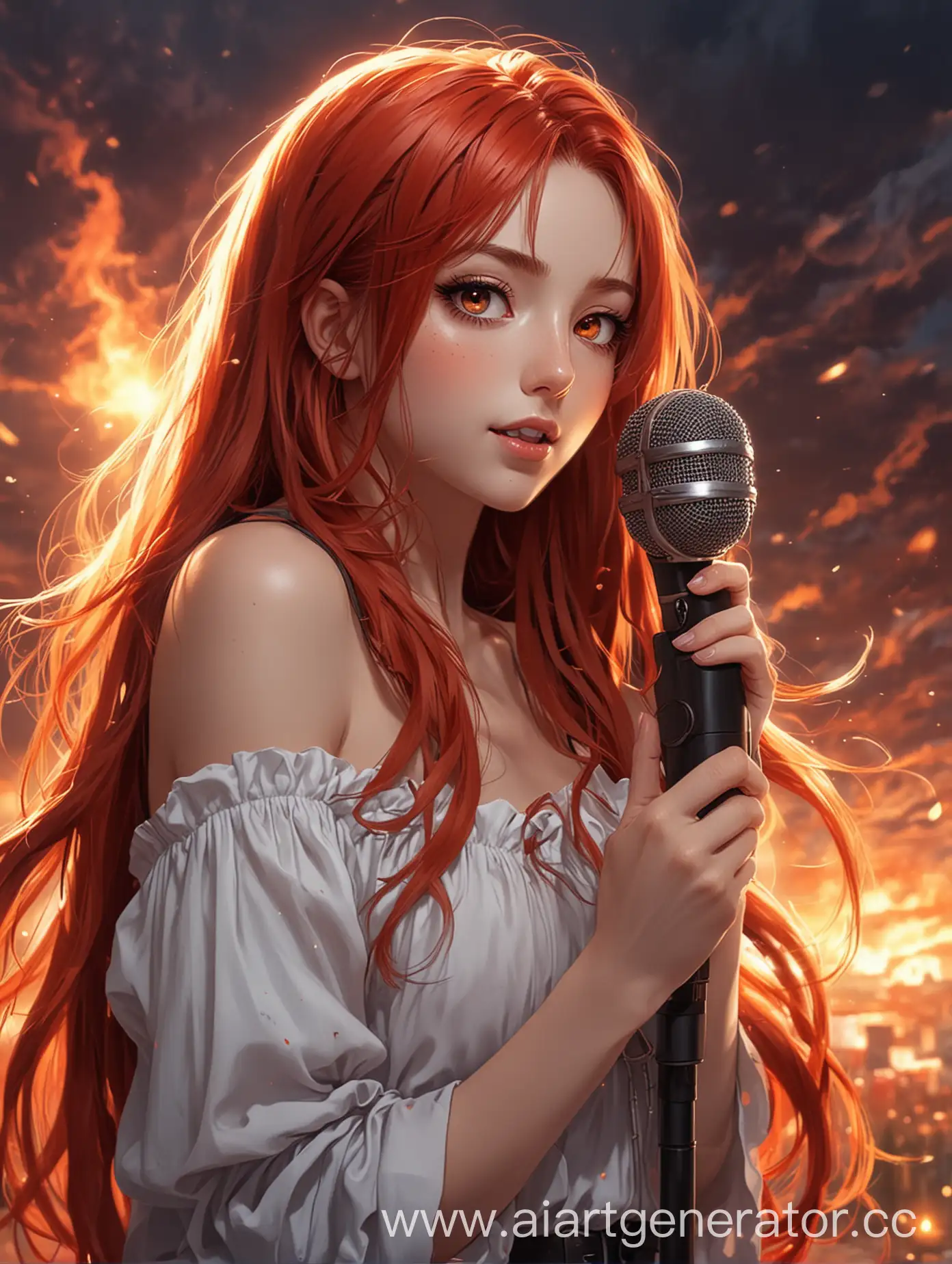 Аниме девочка с микрофоном в руках с длинными красными волосами и огненными глазами с красивым романтичным окружением