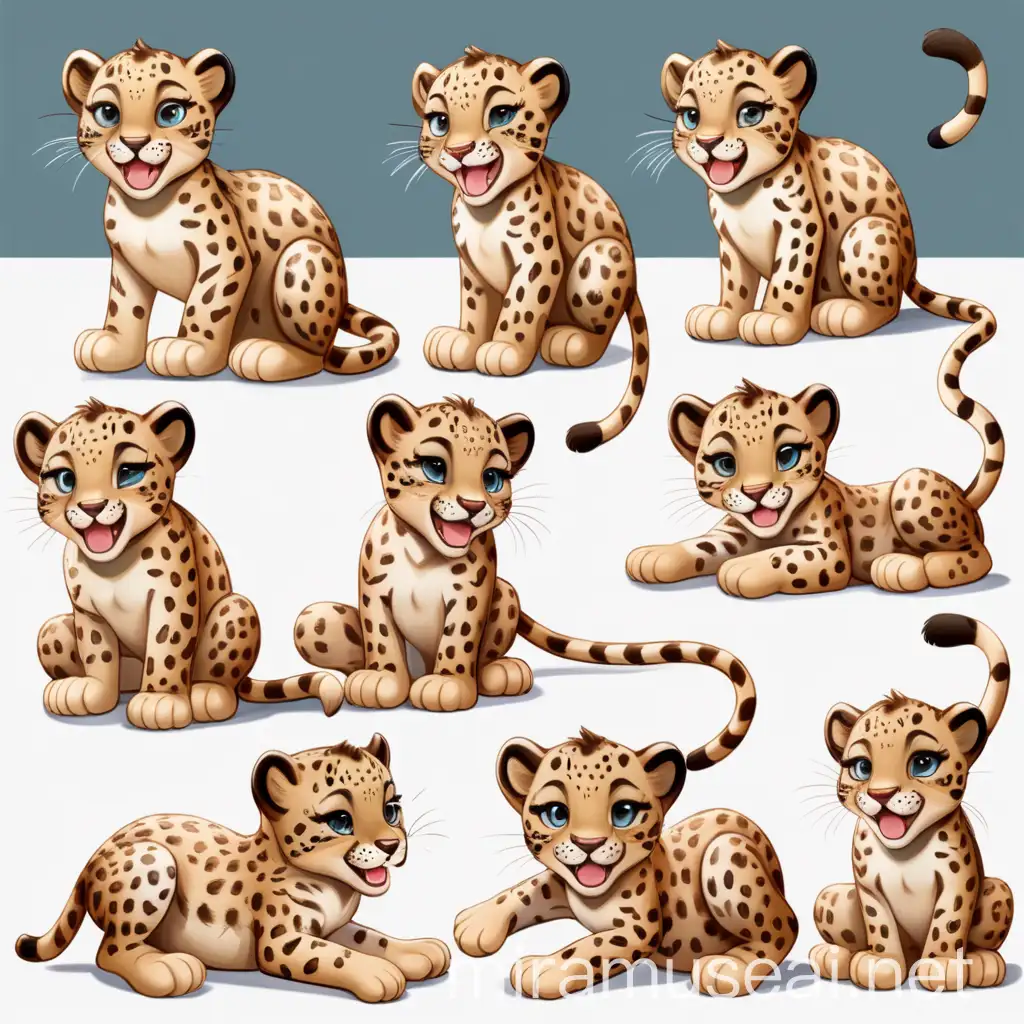 plusieurs images différentes positions  d'Une petite léoparde qui joue, court, assise, et fixe, avec plusieurs expressions faciales (Sourit, rugit, dort, pleure), sans arrière plan
