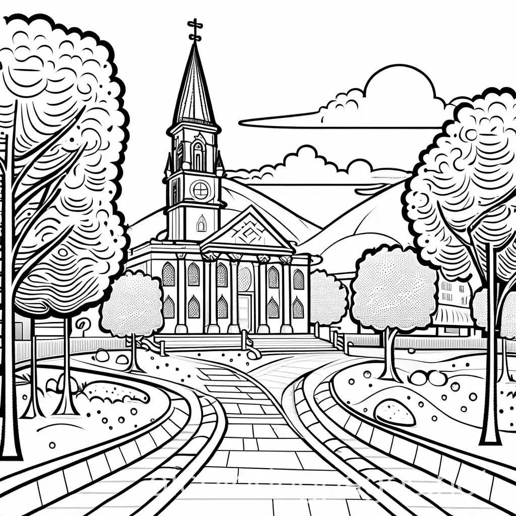 town center with church and a public square and trees, Coloring Page, black and white, line art, white background, Simplicity, Ample White Space. The background of the coloring page is plain white to make it easy for young children to color within the lines. The outlines of all the subjects are easy to distinguish, making it simple for kids to color without too much difficulty