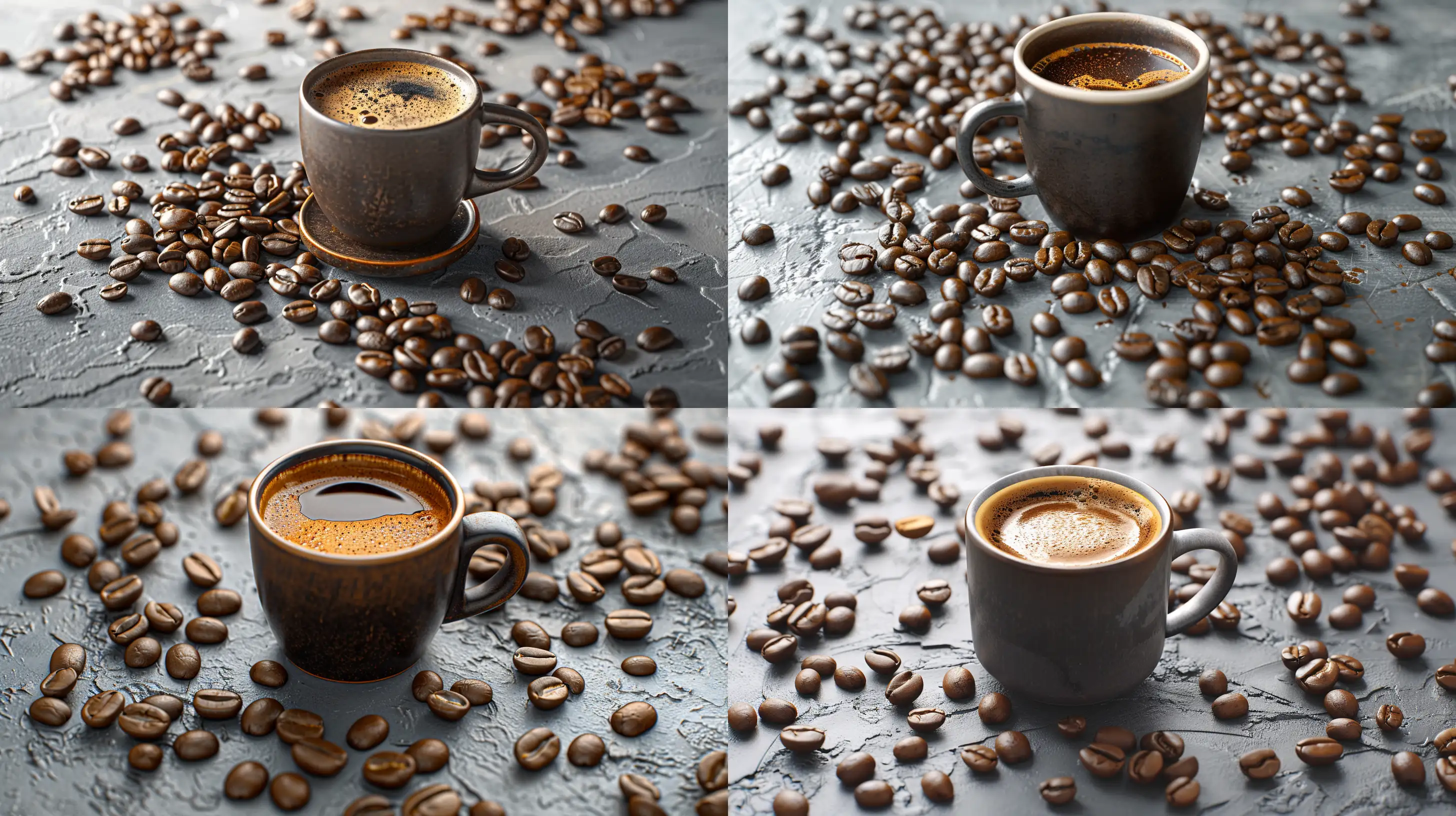 Create a highly detailed and realistic wide-format image of a coffee cup filled with freshly brewed coffee, surrounded by scattered roasted coffee beans on a textured grey surface. The composition should be in a 16:9 aspect ratio, highlighting the rich textures and natural shine of the beans, with a focus on the coffee cup in the center. The overall tone should convey warmth and the inviting aroma of coffee, suitable for a background or coffee-themed advertisement --ar 16:9