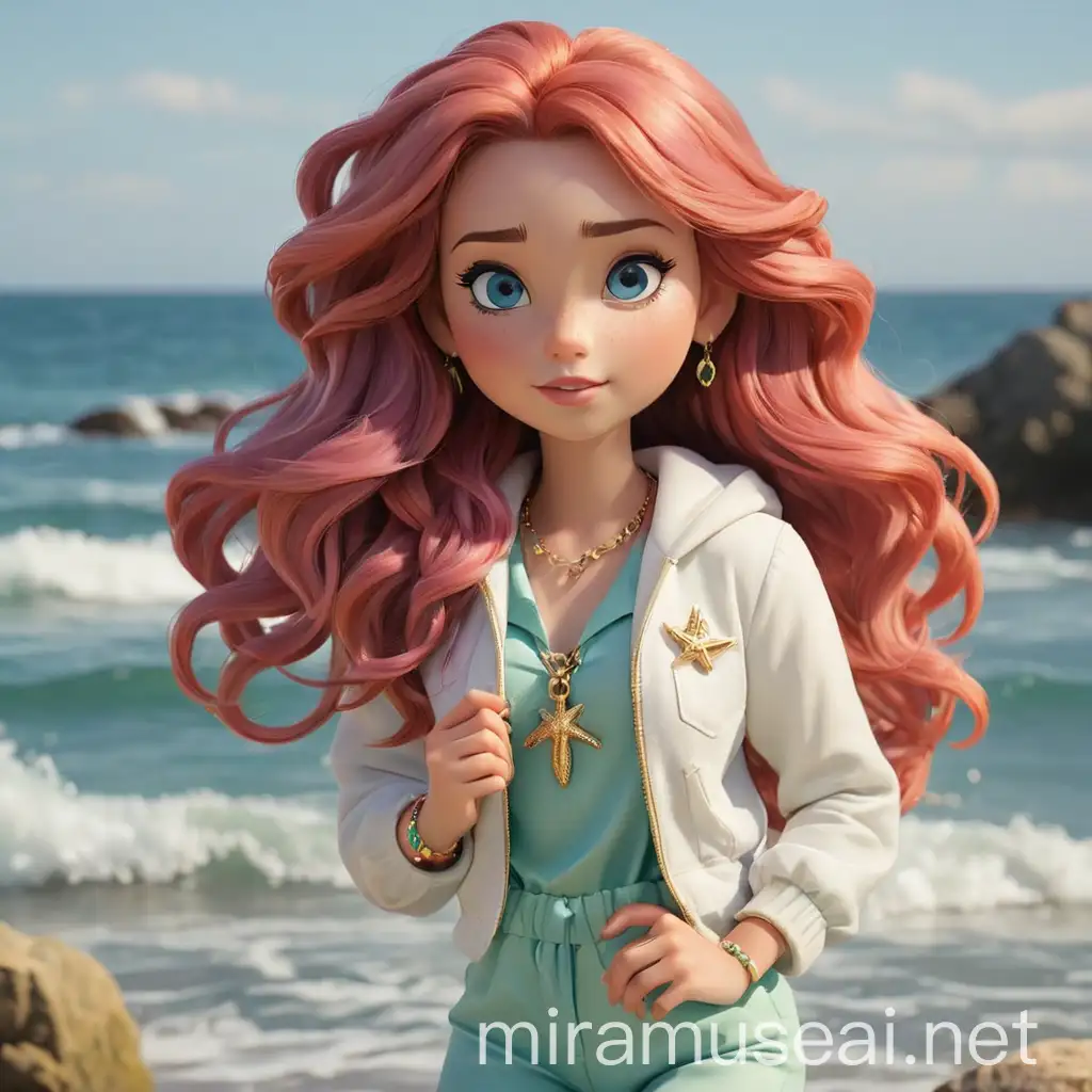 Meet Aralynn, the spirited daughter of Princess Ariel and Prince Eric, blending her oceanic roots with coastal vibes. She has a sun-kissed glow, with bright candy apple red hair cascading in loose waves, framing her playful, beachy look. Her aquatic blue eyes are as captivating as the ocean, filled with curiosity and adventure. Aralynn’s outfit merges 2020s mermaid, coconut girl, and coastal chic with princesscore elements. She wears a sleek lavender-purple and seaform-green ombre jumpsuit, paired with a pearly white jacket featuring gold accents and iridescent silver threads. Her white high-top sneakers have turquoise and coral pink details, with gold starfish charms. She accessorizes with a turquoise bracelet, coral pink and gold bangles, and a gold necklace with a pearly white anchor pendant, finishing her nautical look with turquoise shell stud earrings. Aralynn’s nails are painted seaform green with lavender and pearl details, adding a playful touch. Whether exploring hidden coves or lounging by the shore, her style blends tomboy charm and princess elegance, making her a vision of coastal chic and adventure. Her look is perfect for any seaside escapade, embodying the spirit of the ocean with every step. Whether she’s sailing or relaxing, Aralynn’s style is always enchanting, capturing the essence of her mermaid heritage and coastal upbringing. 