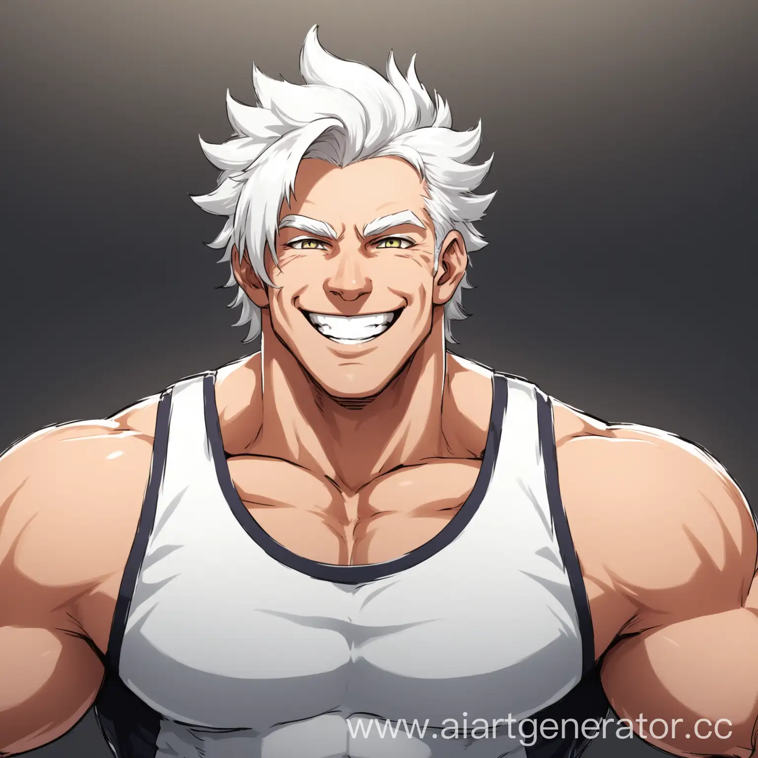 a white-haired, pumped-up man smile proudly full of confidence