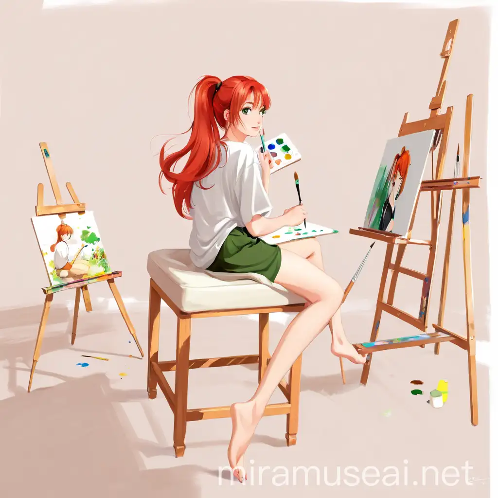 Red Haired Girl Drawing at Easel Surrounded by Paintings and Brushes