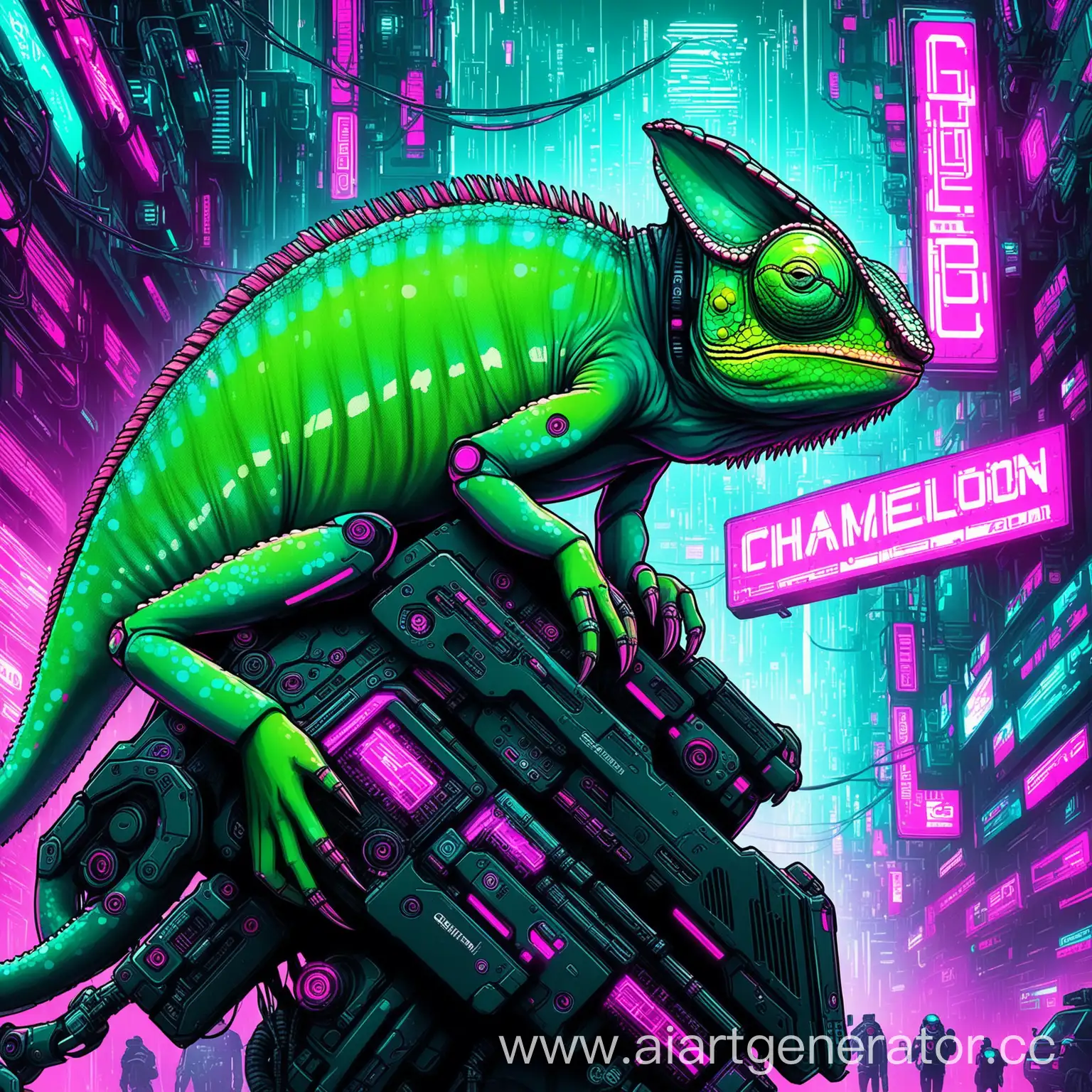 Cyberpunk-Chameleon-in-Urban-Futuristic-Setting