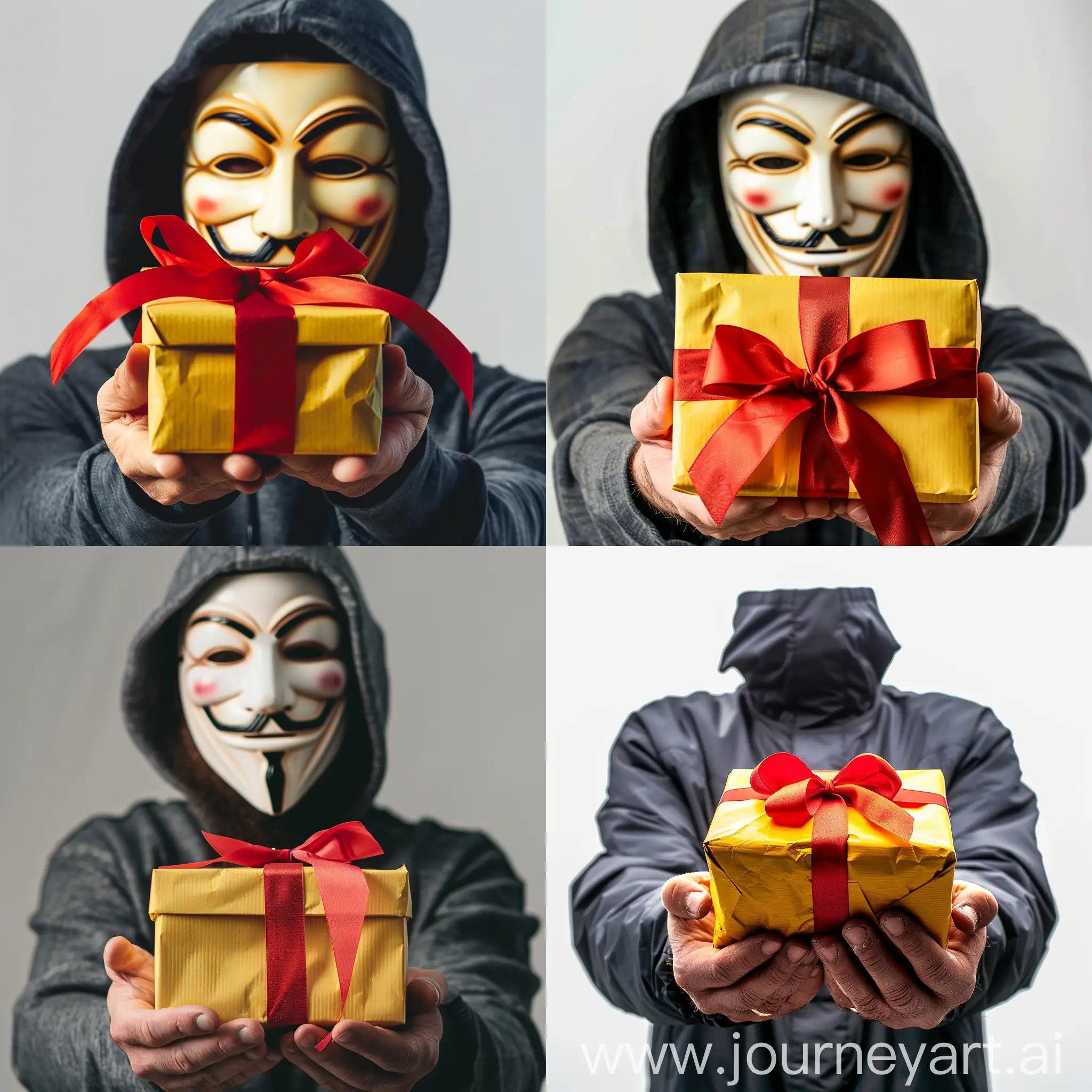 a man in an Anonymous mask holds a yellow gift with a red bow, white background, realistic style, sharp focus, super detail, 8k, HDR