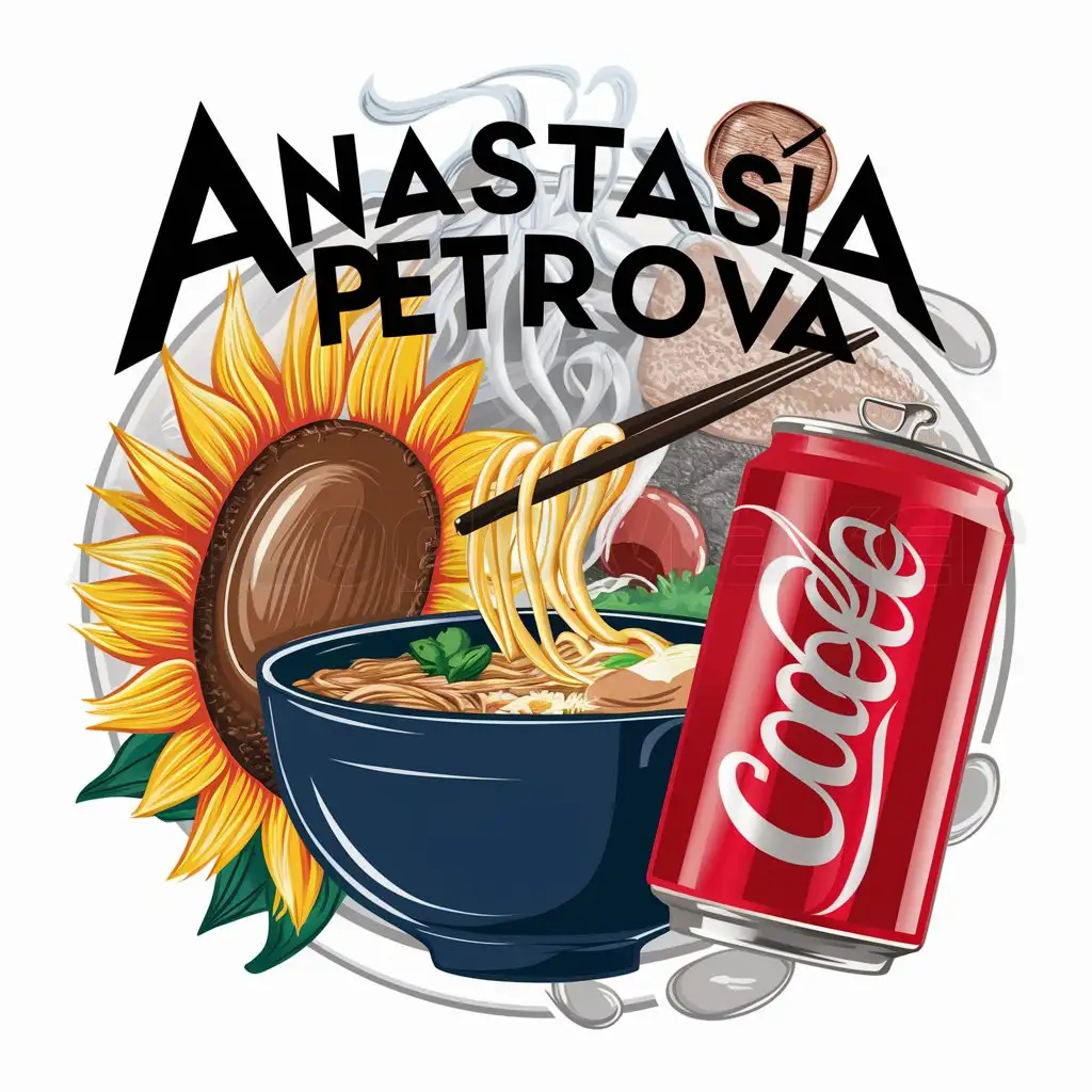 a logo design,with the text "Anastasia Petrova", main symbol:Symbol: sunflower seeds, ramen, coke in the logo design, the whole composition is bright and diverse.,complex,clear background