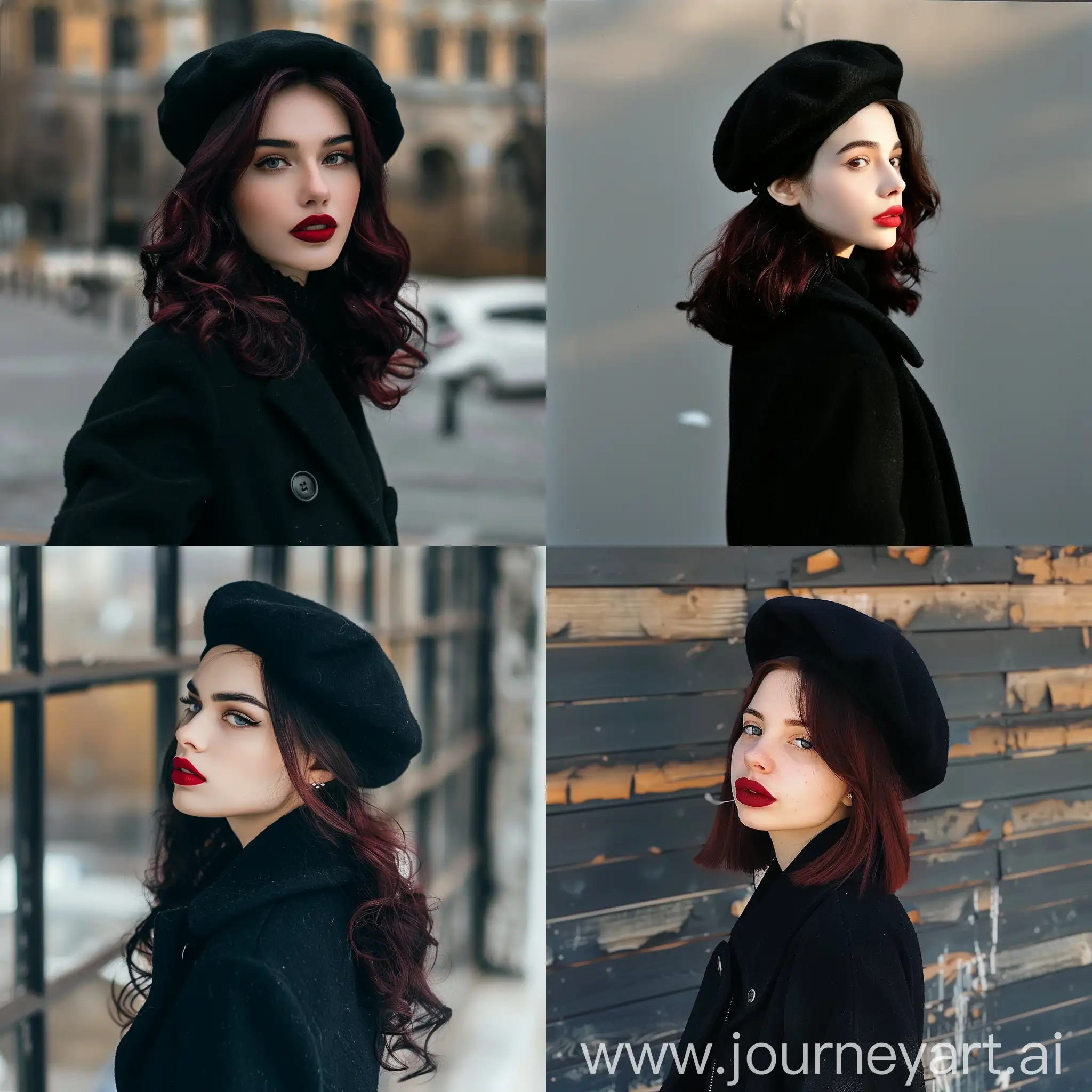 Beautiful girl in a black coat, red lips, burgundy hair, black beret on her head , profile photo