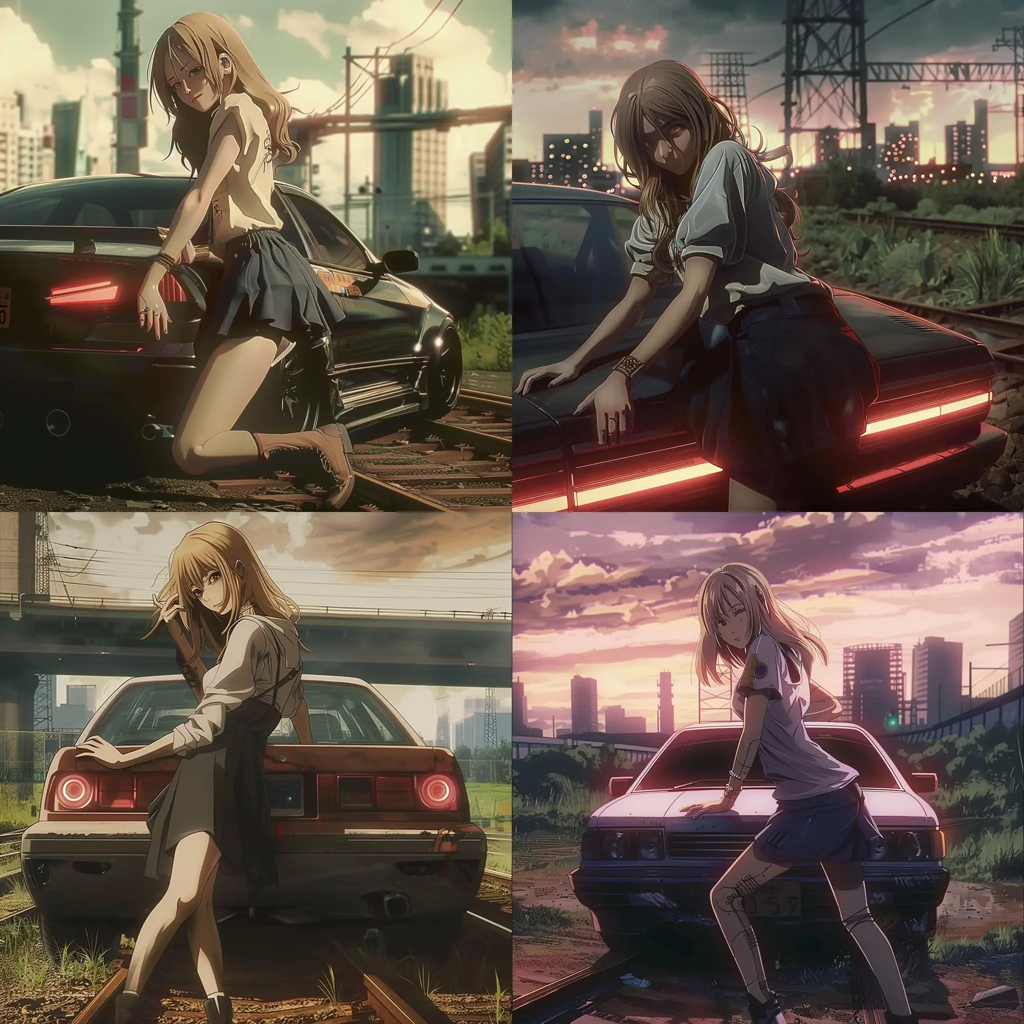 cyberpunk, car, girl leans on the car, outside the city