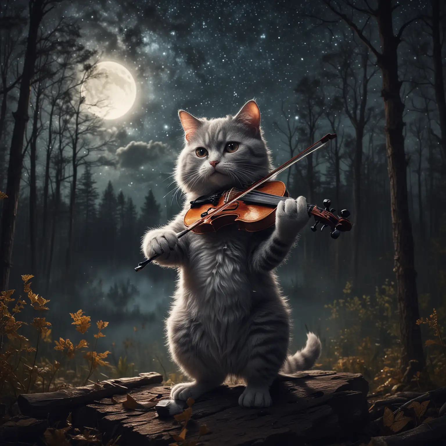 a cat playing violin at night in a woods with a night sky