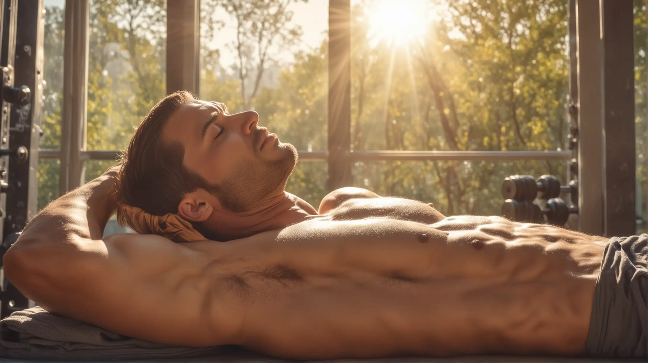 Relaxed Bodybuilder Sleeping in Sunlit Natural Setting 4K HDR Morning Scene