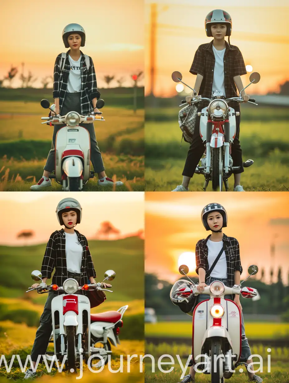 Stylish-Indonesian-Woman-Poses-with-Retro-Motorcycle-in-Minimalist-Cinematic-Setting