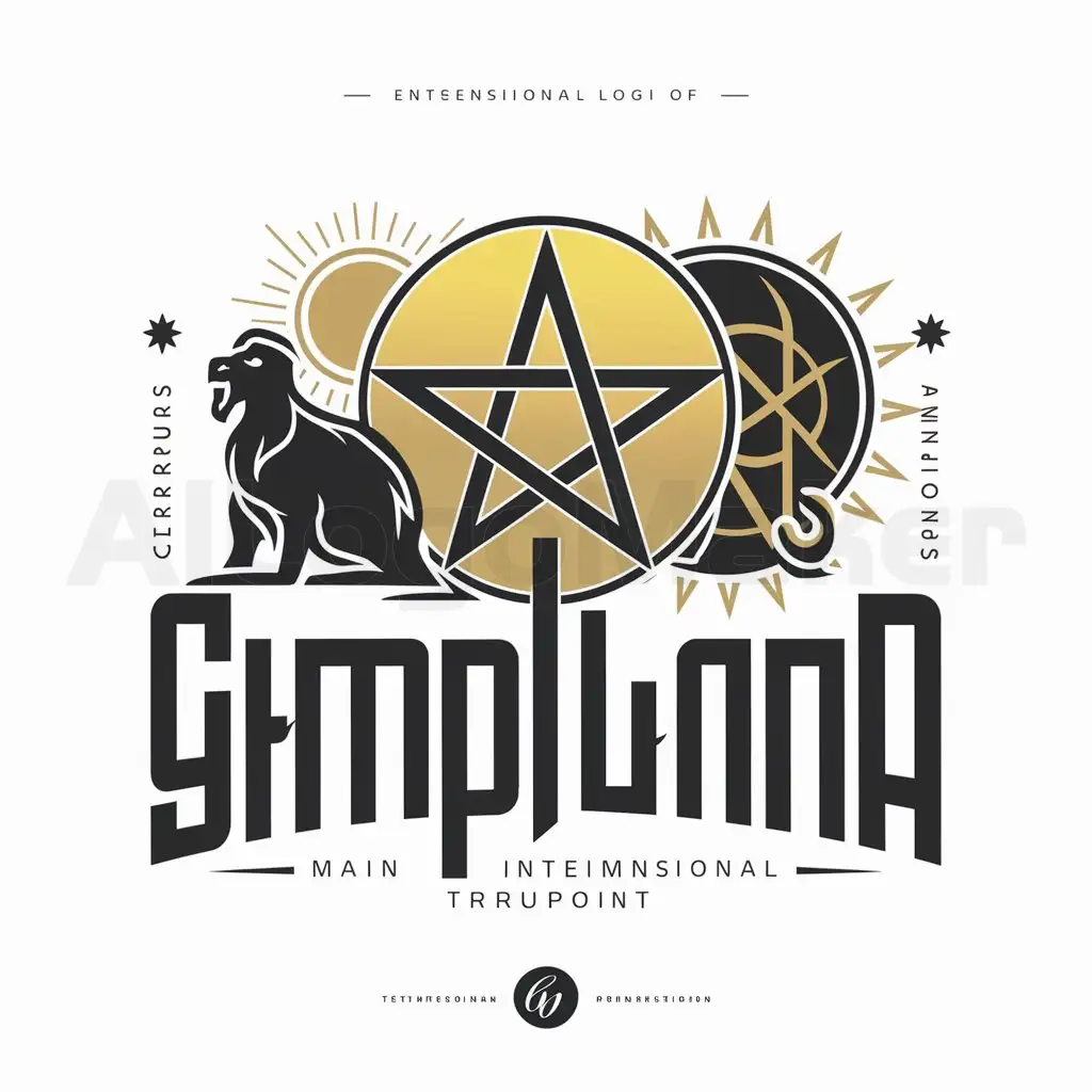 a logo design,with the text "GIMPLAND", main symbol:["pentagram","cerberus","sun","rune"],Moderate,be used in Entertainment industry,clear background