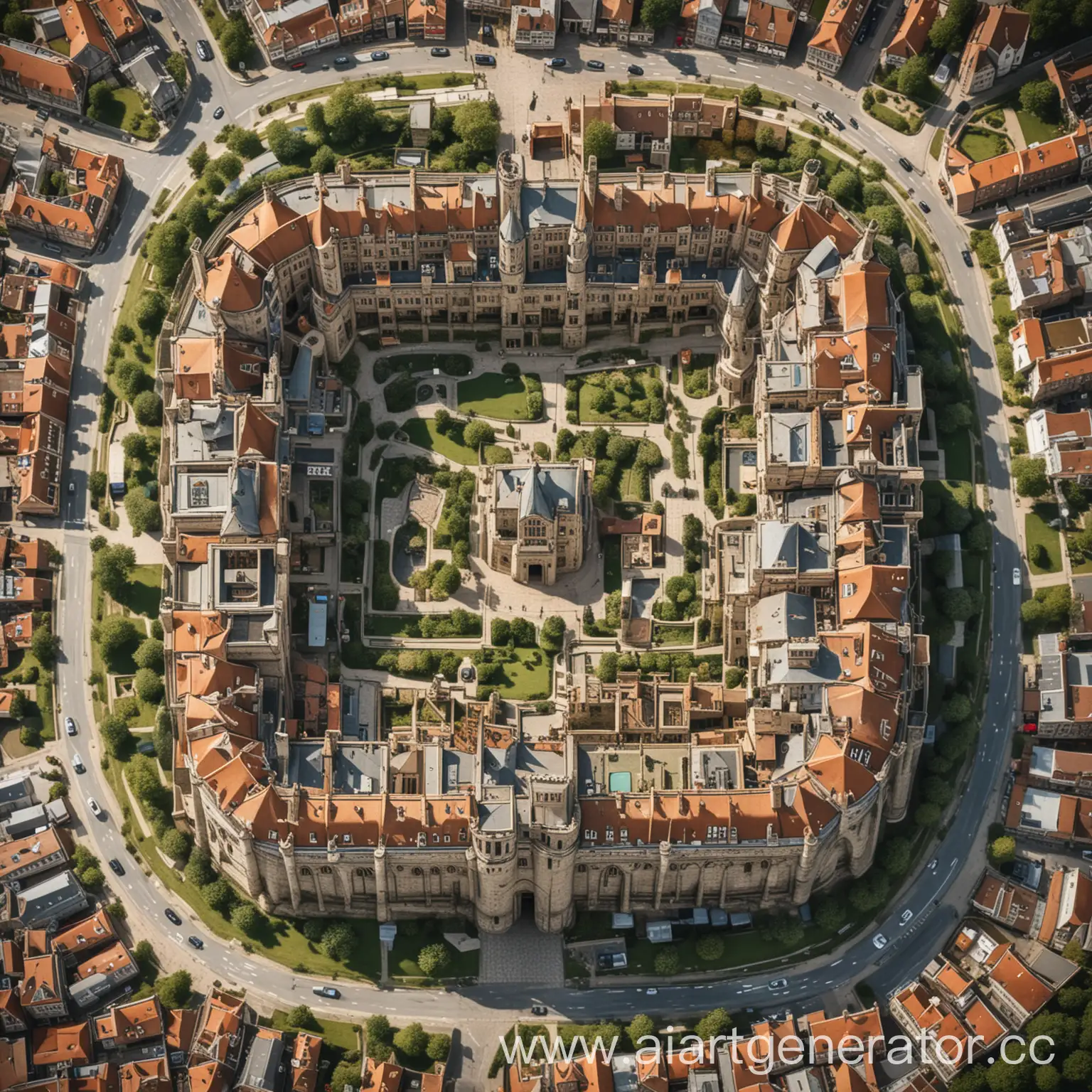 a castle in the center in the form of a rectangle with rounded corners, around it a city with houses in the English style, wide beautiful streets, and all of this is depicted as a city plan from a top-down view