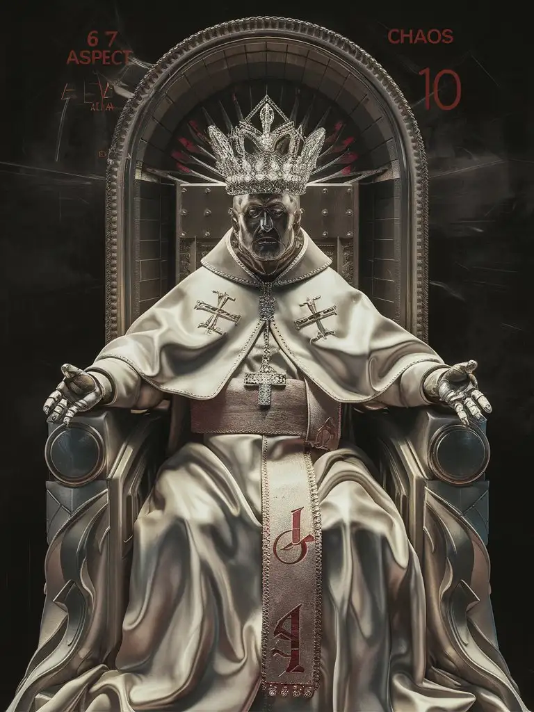 the famous painting Pope Innocent X depicts a robot from the future sitting in its position. It bears a diamond crown on top of its head, with lifelike details and a commanding aura that commands the world. The picture is realistic --ar 6:7 --chaos 10 --stylize 999
