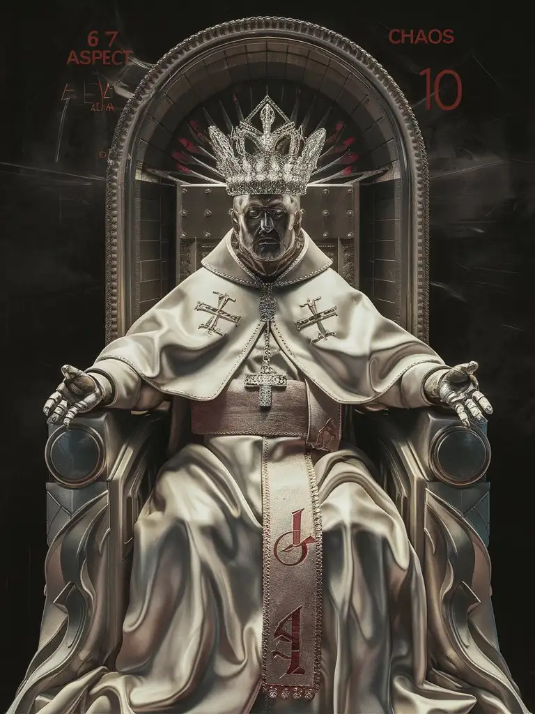 the famous painting Pope Innocent X depicts a robot from the future sitting in its position. It bears a diamond crown on top of its head, with lifelike details and a commanding aura that commands the world. The picture is realistic --ar 6:7 --chaos 10 --stylize 999
