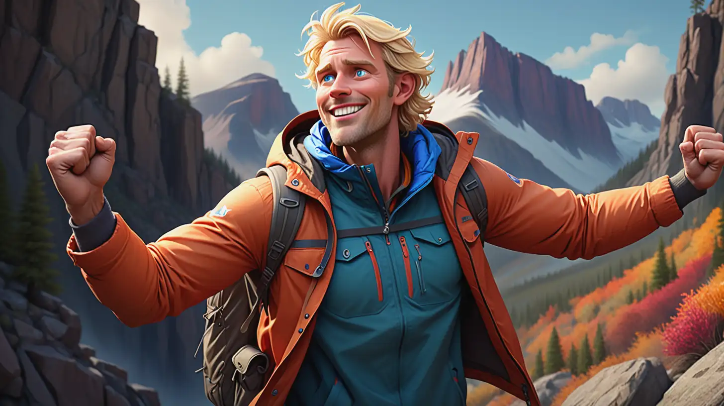 Highly detailed, fantastical style animation with vibrant colors and dramatic, soft lighting, of a rugged, blonde man in his mid-30s named Jack. He has a fit and athletic build, stands 6'2" tall, with short, tousled blonde hair, blue eyes, and a light tan complexion, wearing outdoor adventure jacket and hiking boots, celebrating at the top of a small peak, arms raised in triumph with a joyful expression