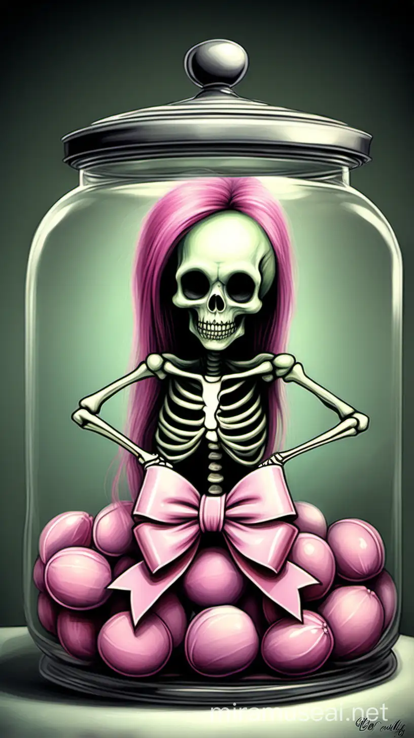use lori earley style of art of a jar of pickles with a huge pink bow tied around the jar lid being held by a skeleton --v 4 --ar 2:3