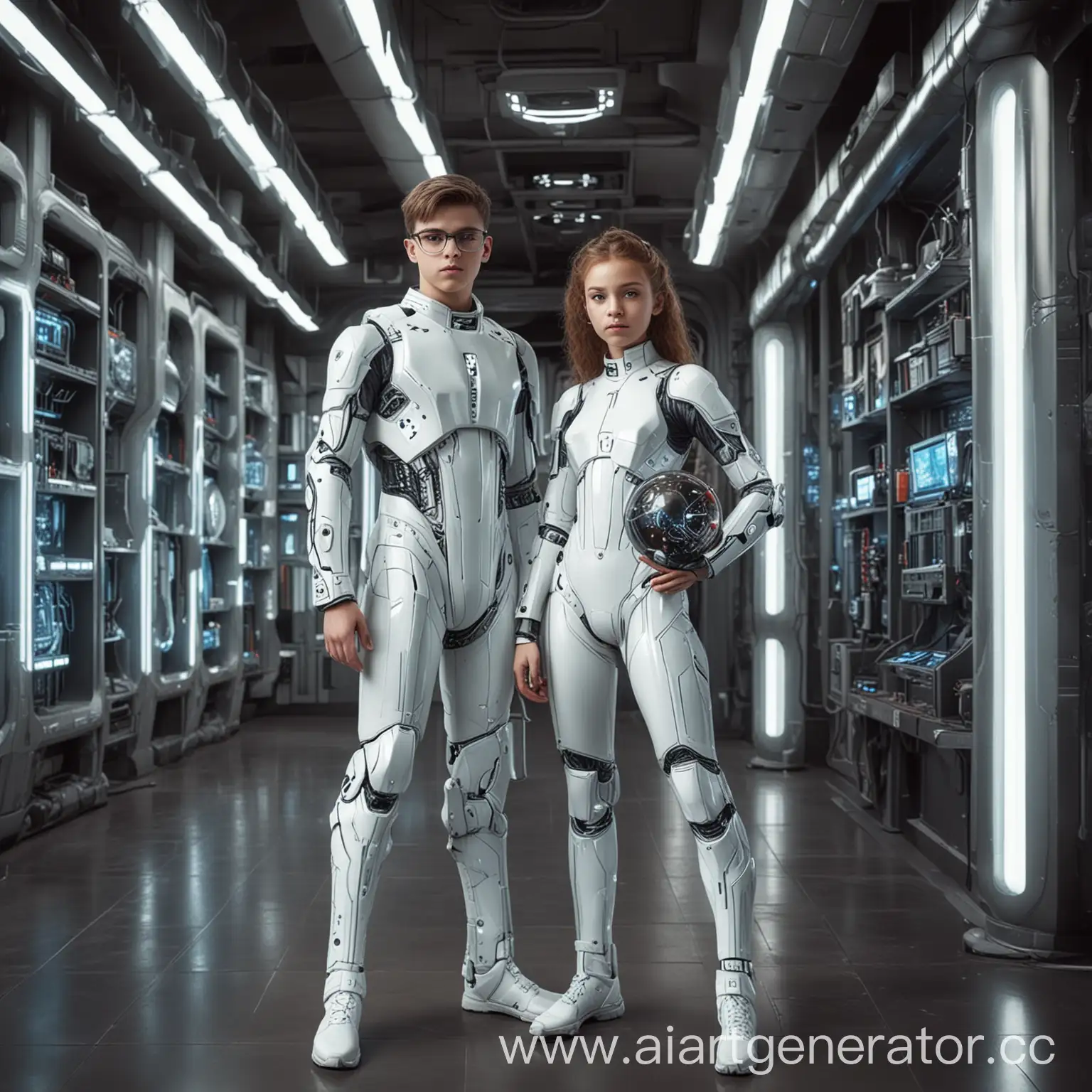 Two-White-Students-with-Futuristic-Gadgets-in-Fantastic-Interior