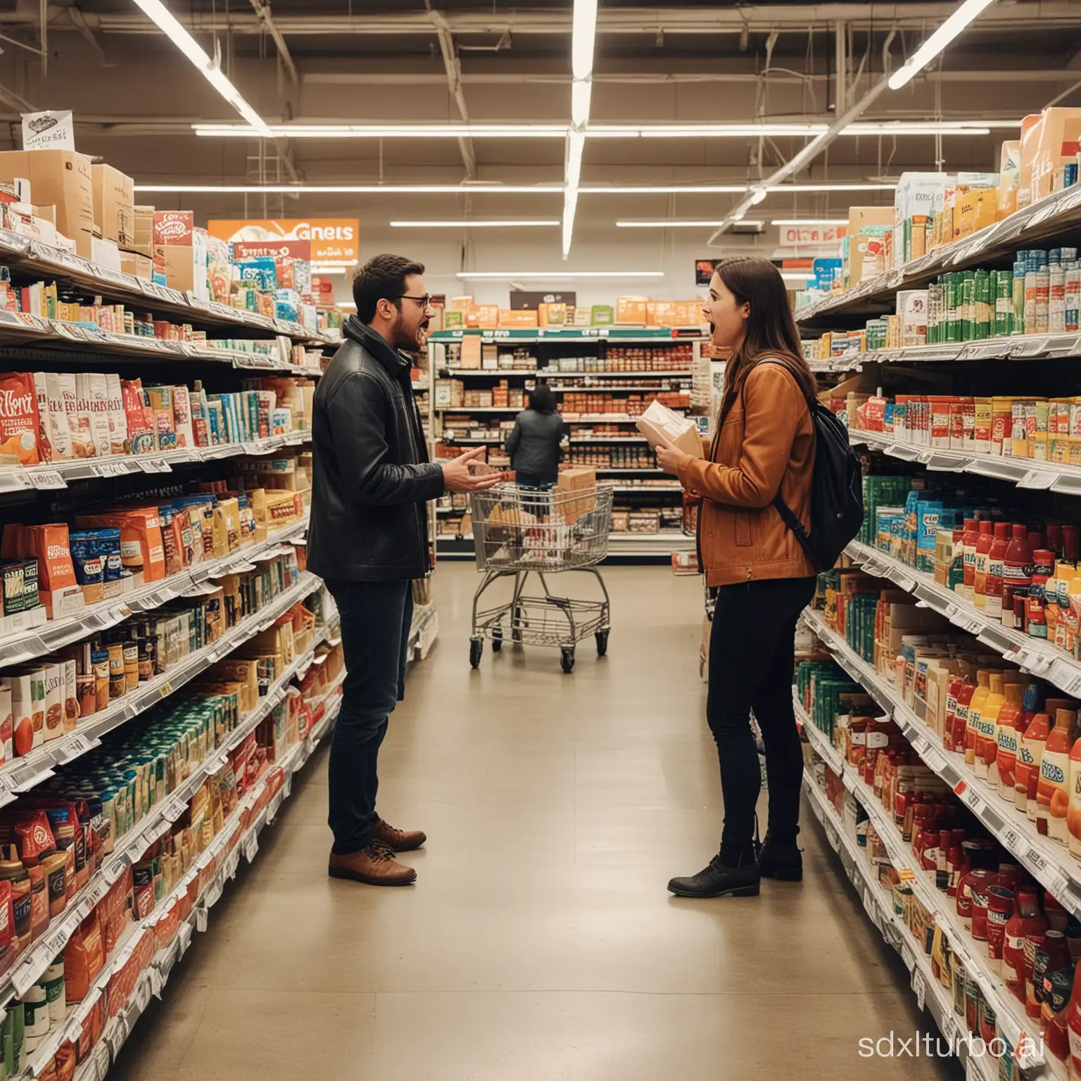 A picture of a busy grocery store with two people arguing in the middle