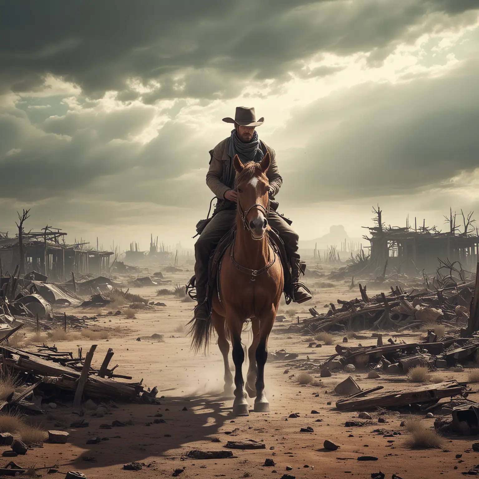 cowboy on a horse riding through a post apocalyptic wasteland