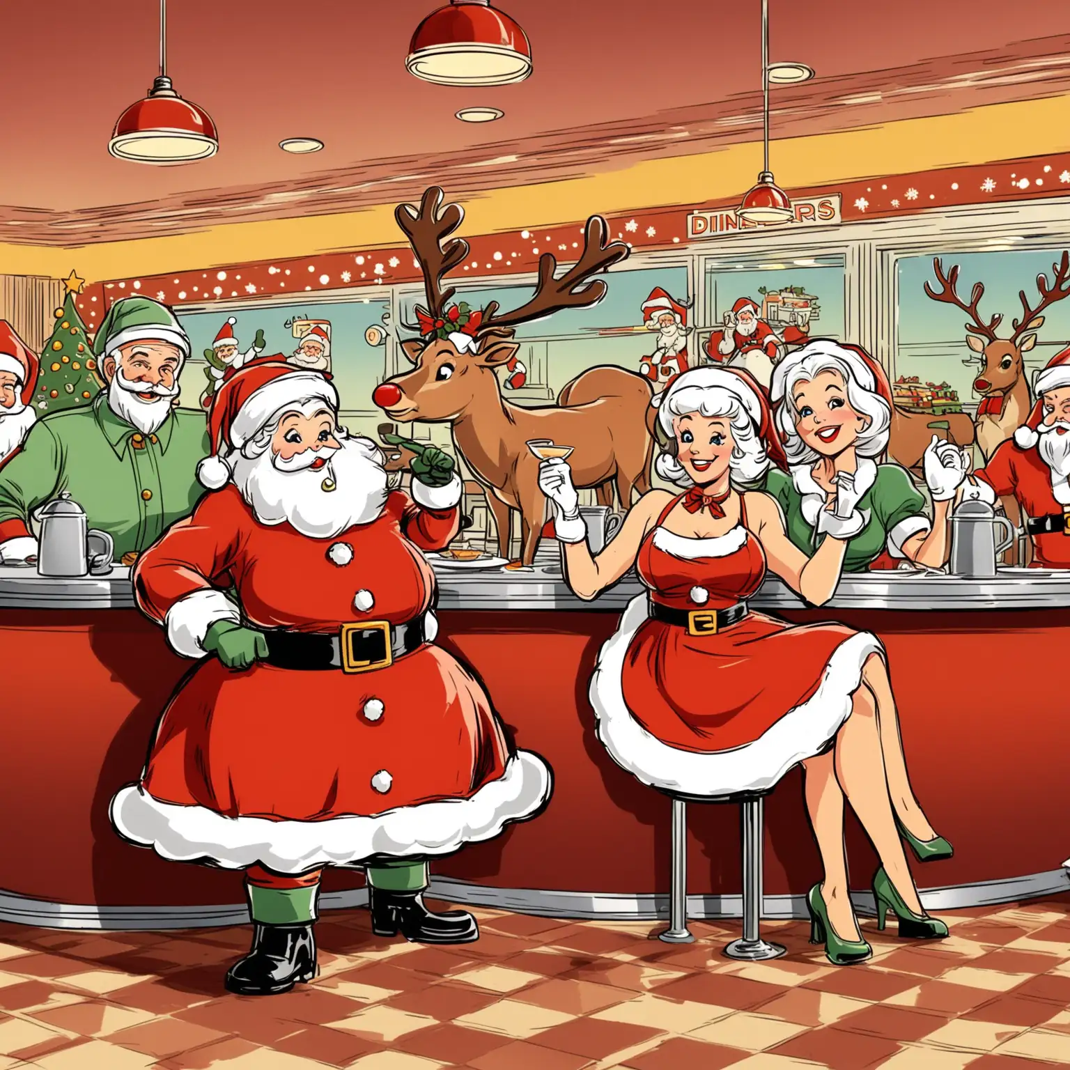 retro cartoon santa claus, mrs claus and reindeer at diner
