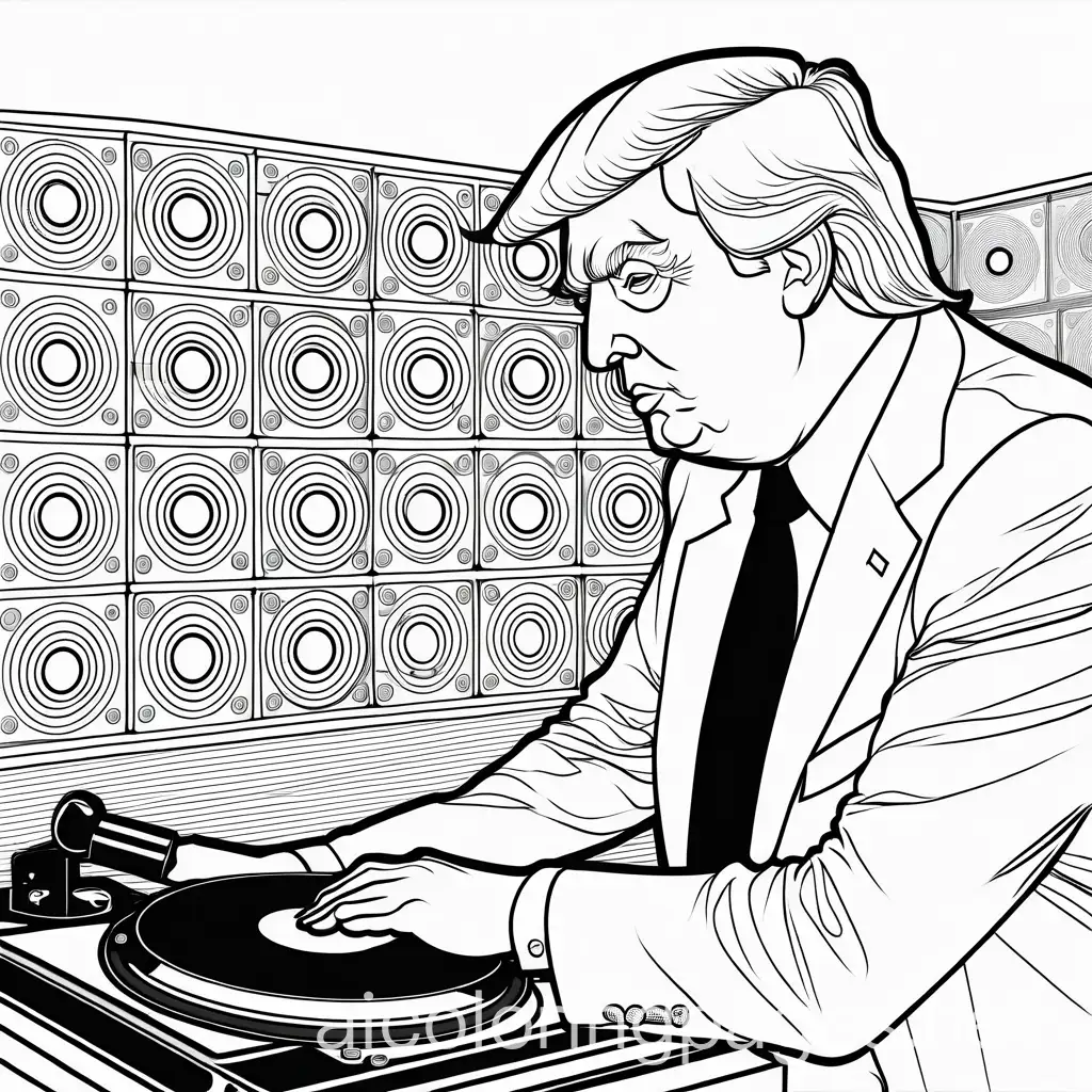 donald trump listening to vinyl records, Coloring Page, black and white, line art, white background, Simplicity, Ample White Space