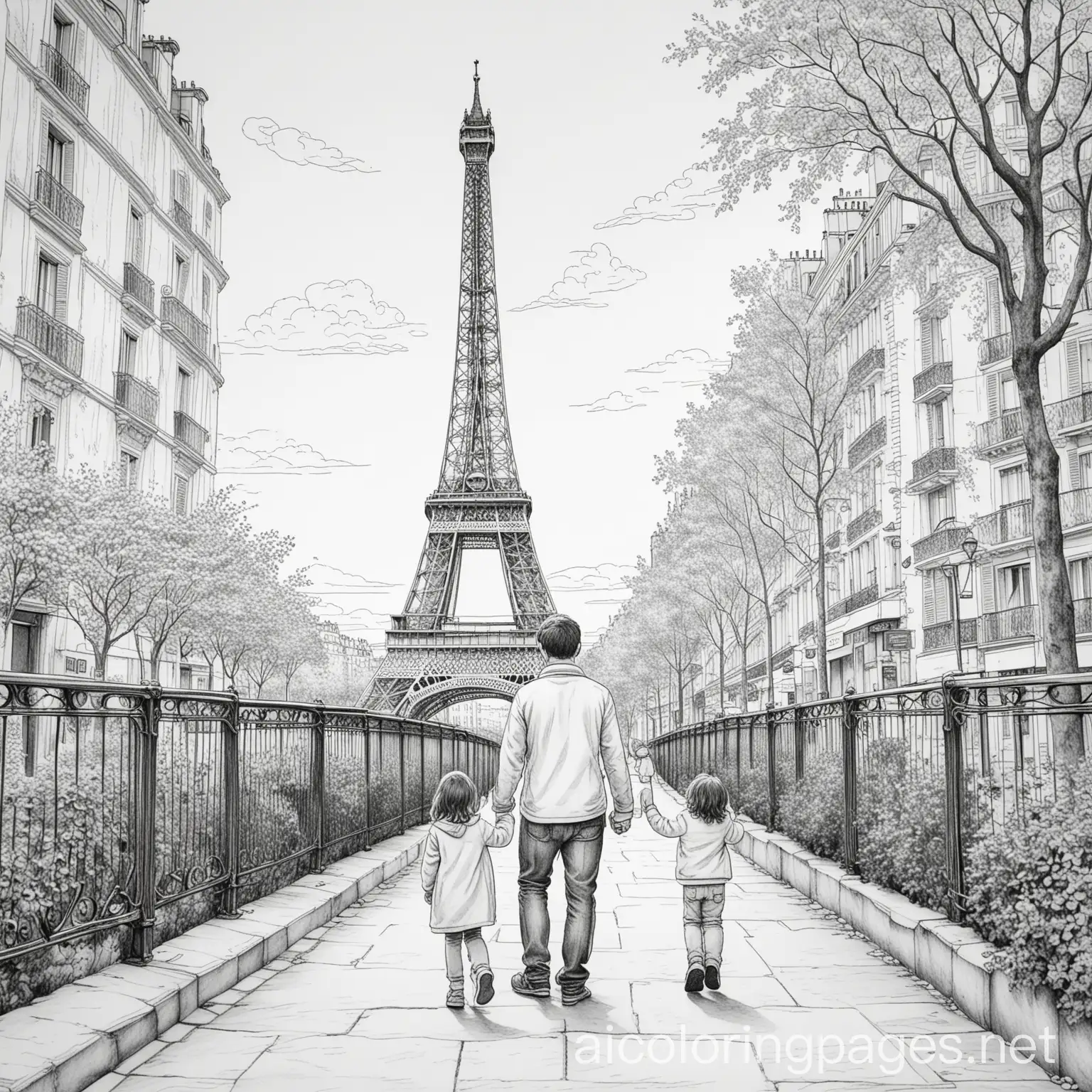 A family outdoors in Paris France, Coloring Page, black and white, line art, white background, Simplicity, Ample White Space. The background of the coloring page is plain white to make it easy for young children to color within the lines. The outlines of all the subjects are easy to distinguish, making it simple for kids to color without too much difficulty