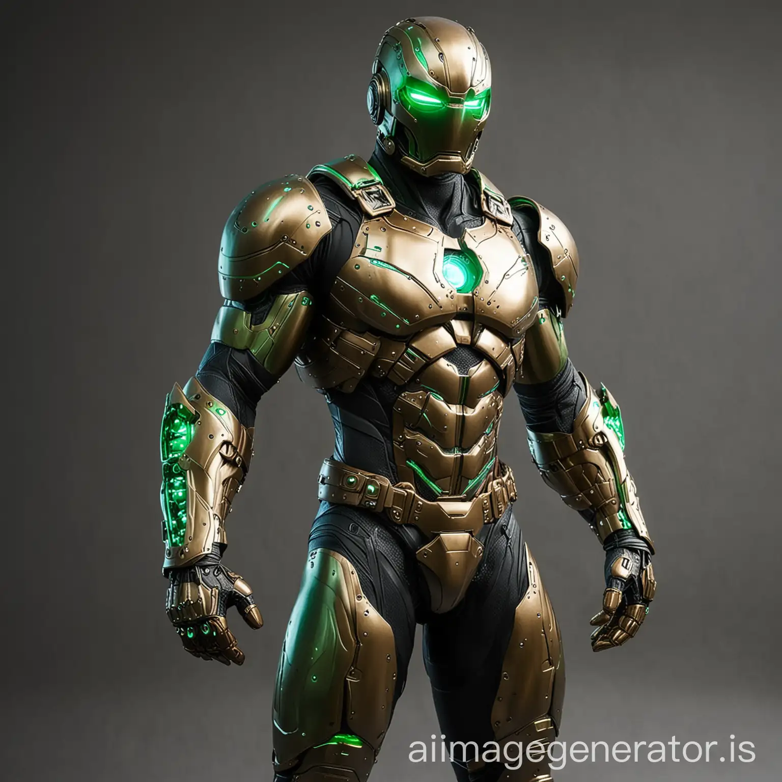 BIG MUSCULAR  6FT 6 TALL,  ARMOUR SUIT ,SUPERHERO WITH WEARING FACE GREEN GLOWING HELMET  EYES SLITS BRONZE SUIT HARNESS AND BRACELETT HI TECH SUIT WITH ARMS OUT BRONZE ENERGY PULSE