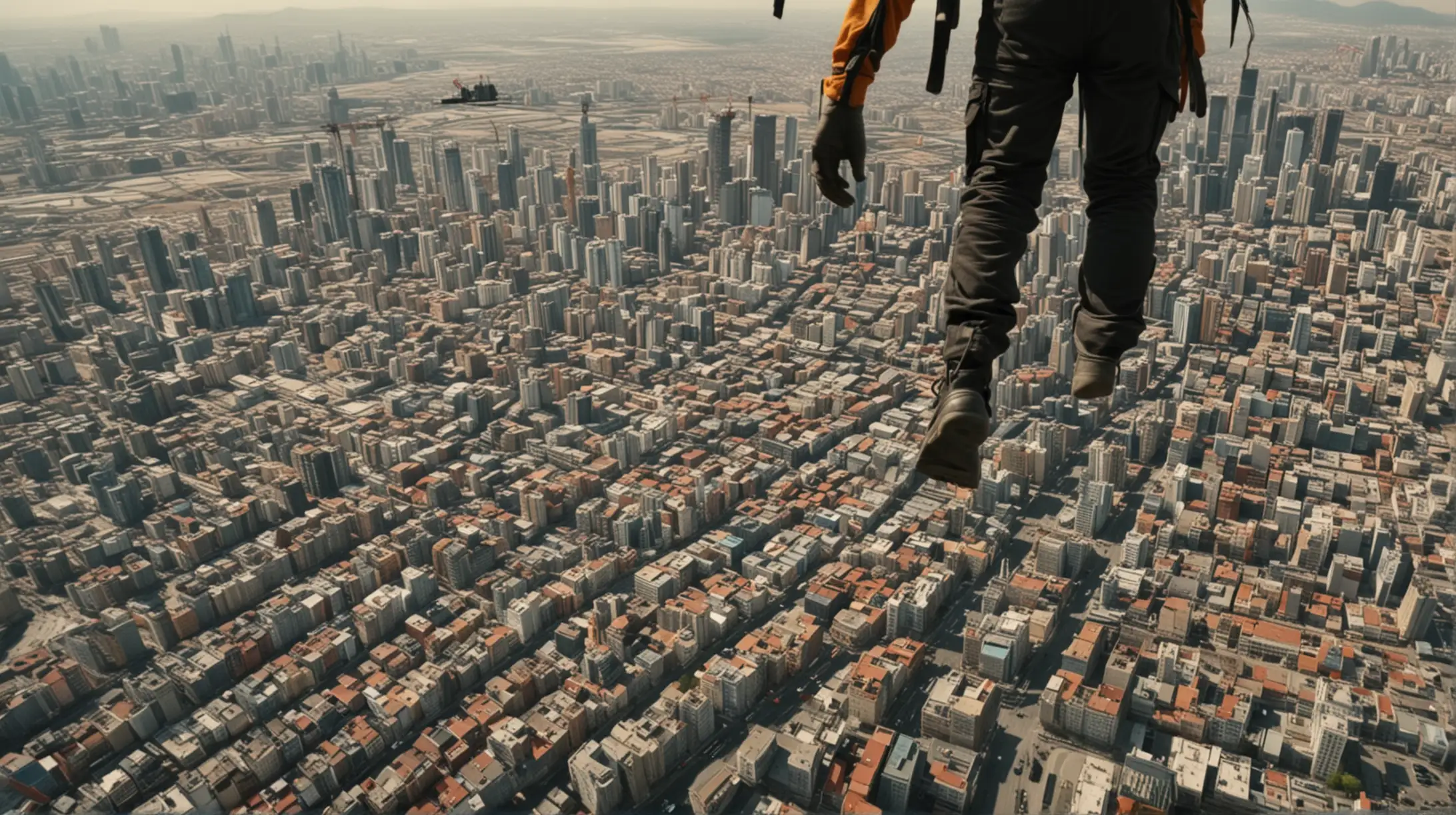 Stuntmans DeathDefying Leap Across Huge Cranes in Urban Cityscape