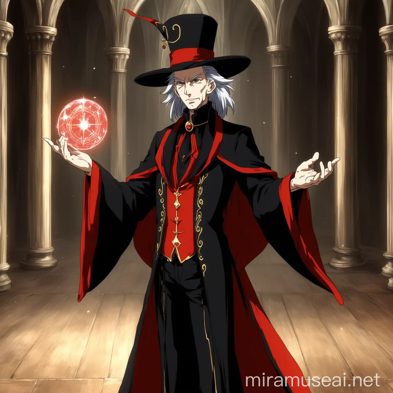 a old court magician fantasy, he wears a black and red. in anime